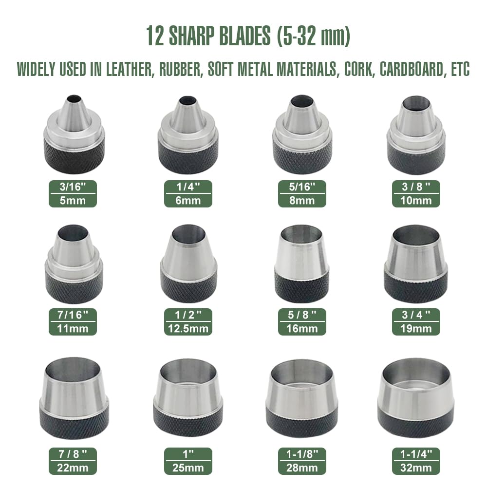 SENROG 12 in 1 Gasket Punch Set with Sharp Leather Hole Punches, Hollow Punch Set for Leather, 3/16'' to 1-1/4'' Hole Punch Kit with Handle