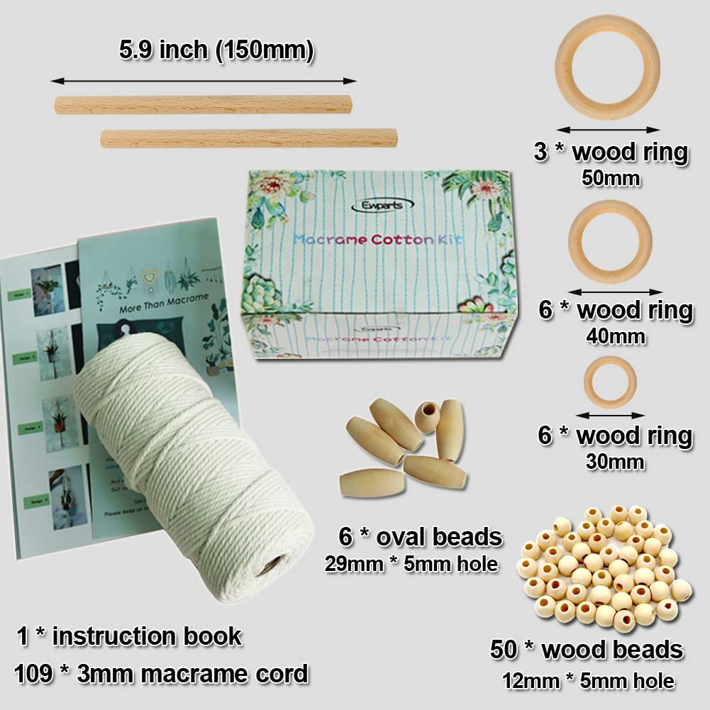 Ewparts Easy Macrame Kits for Adults Beginners Supplier Wood Beads,Rings,Wooden Dowel for Macrame Plant Hangers,Macrame Wall Hanging with Instruction for Macrame Starters