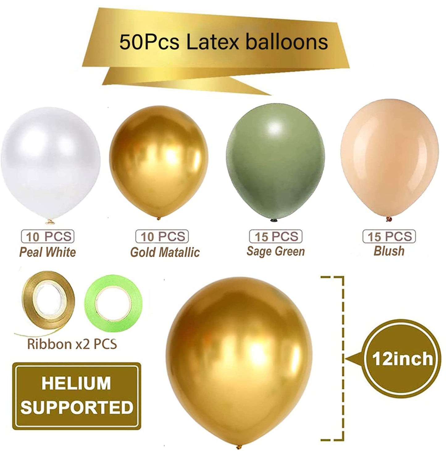 Sage Green Gold White Latex Balloons,50 Pcs 12 Inch Green and blush Gold Party Balloons For Birthday Baby Shower Engagement Wedding Anniversary Party Decorations