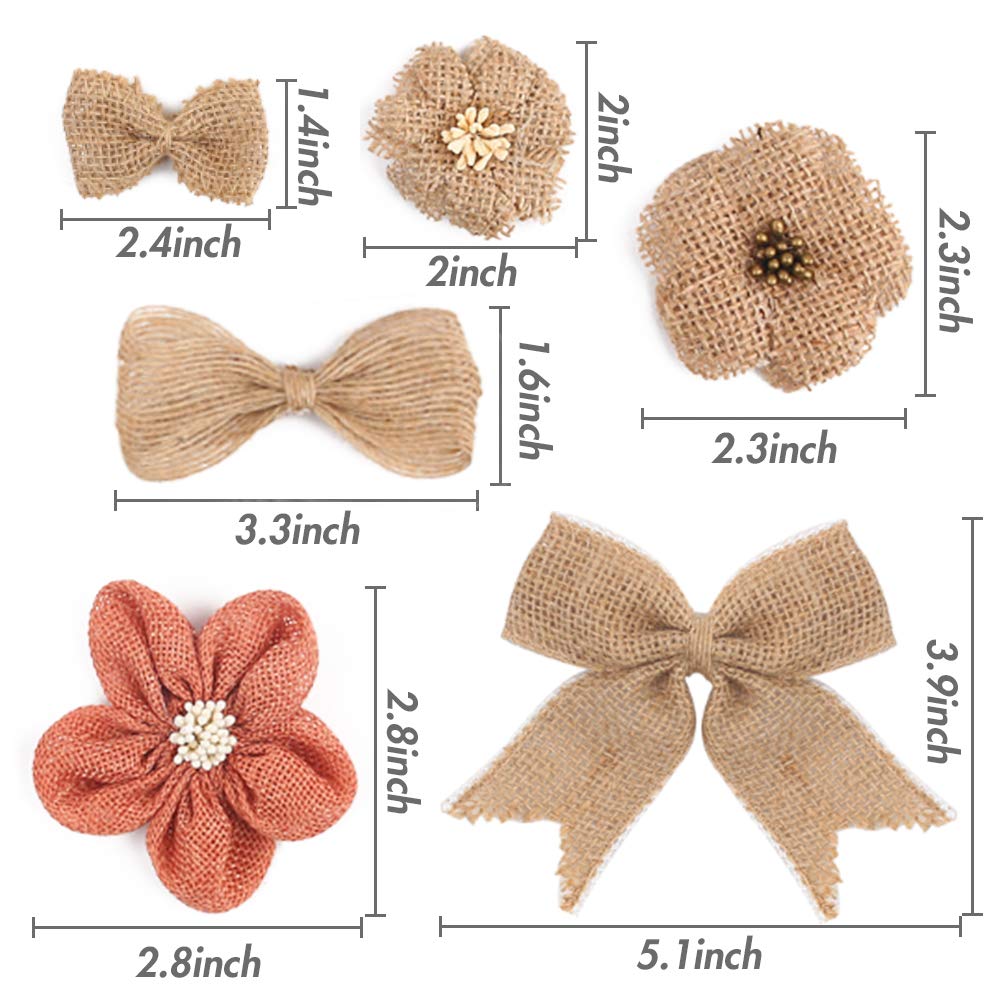VGOODALL 32 PCS Natural Burlap Flowers Set, Burlap Bows and Scrapbook Embellishments for Wedding Party Decor Home, Embellishments for Crafts