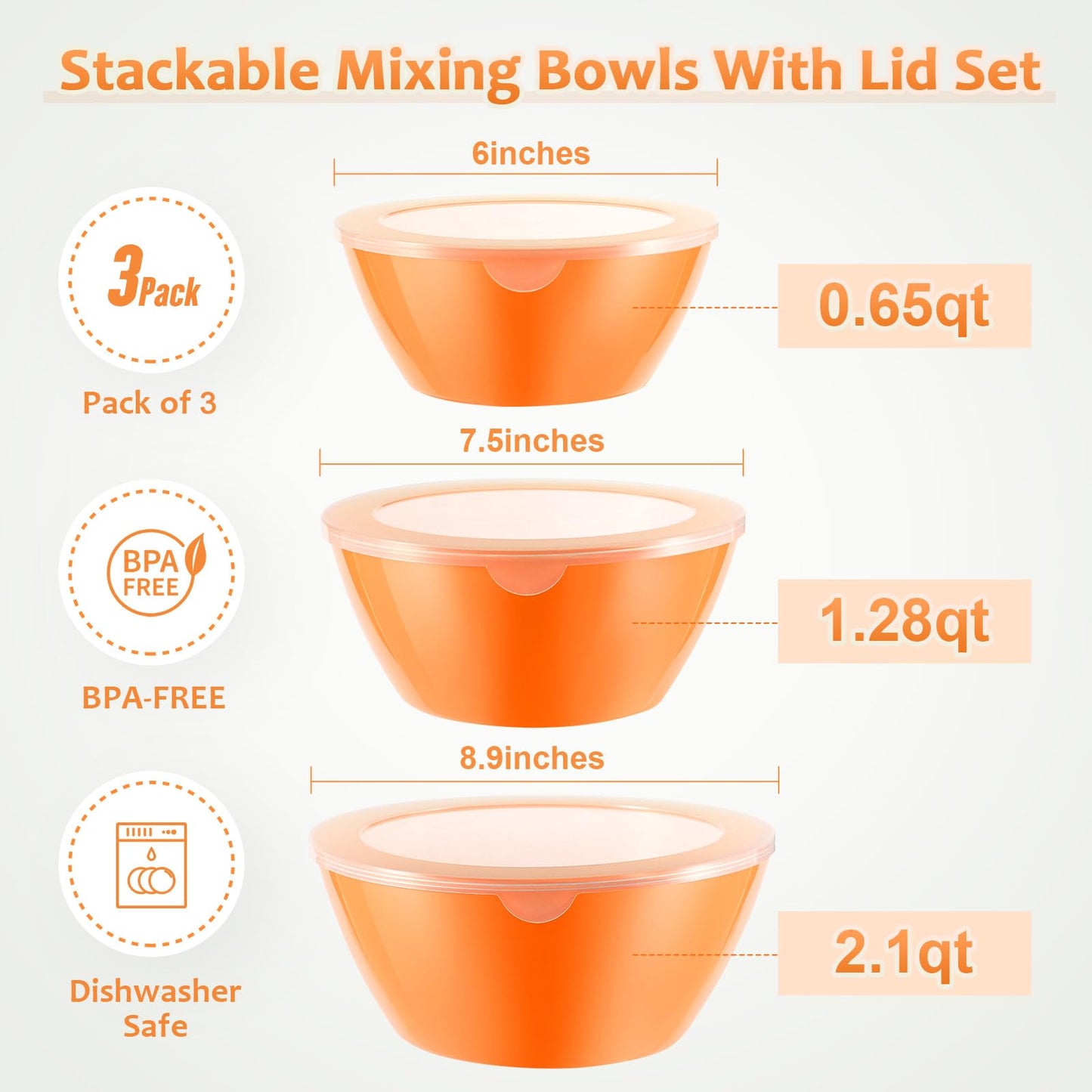 Wehome Mixing Bowls with Lids Set,Plastic Mixing Bowls for Kitchen Preparing,Serving and Storing,Set of 3-Includes 3 Bowls and 3 Lids,BPA-FREE Neat Nesting Bowls with Sealing Lids (Orange)
