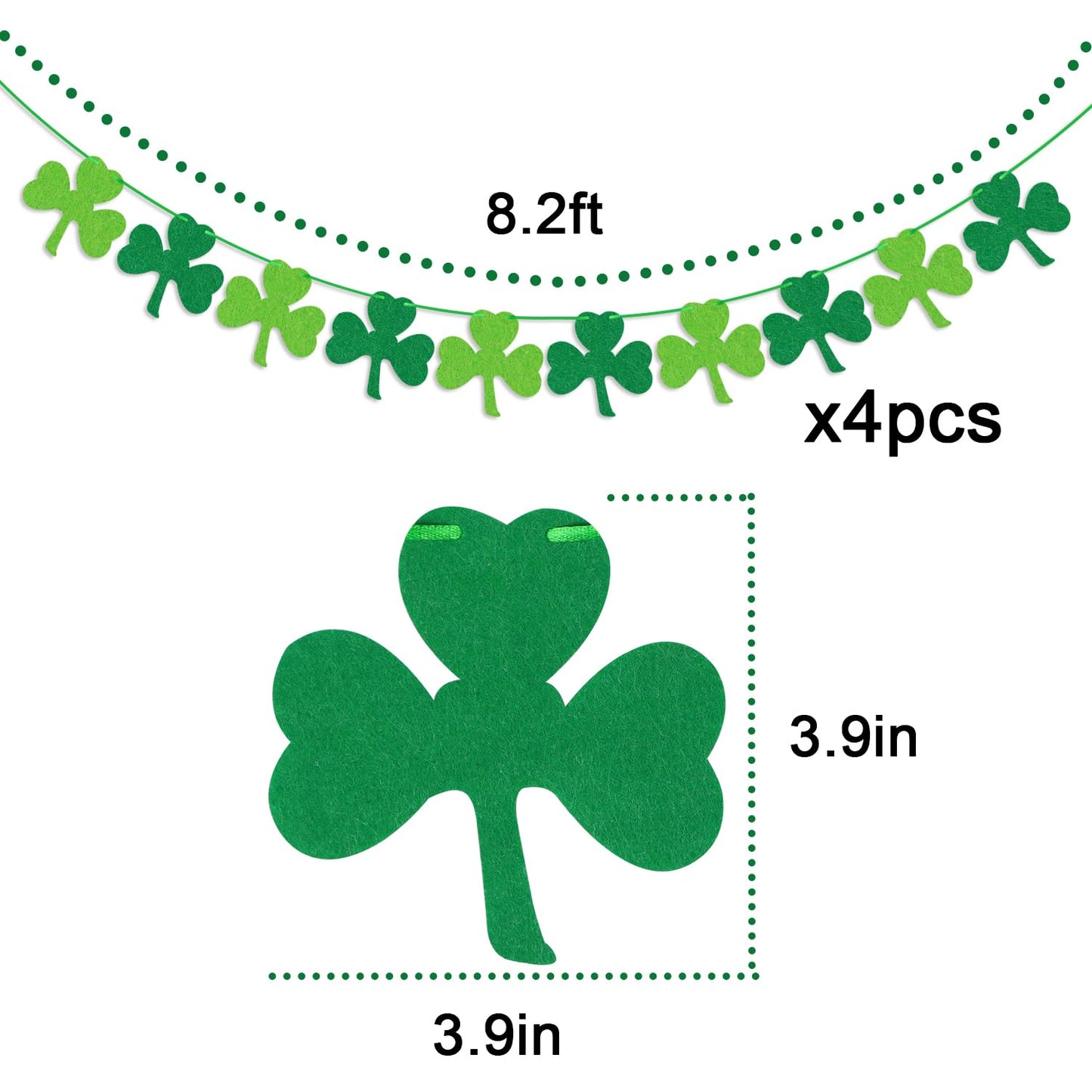 St Patricks Day Decorations 4PCS Felt Shamrock Garland Banner - NO DIY Shamrock Clover Garland Banner for St Patricks Day Decor - Dark Green Light Green for Irish Party Supplies