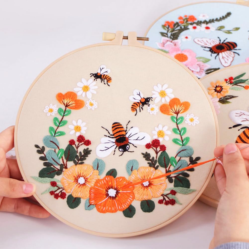 Embroidery Kit for Adults, 4 Sets Cross Stitch Kits for Adults with Stamped Flower Pattern and Easy Instruction, Embroidery Kits with Embroidery Hoop and Color Threads