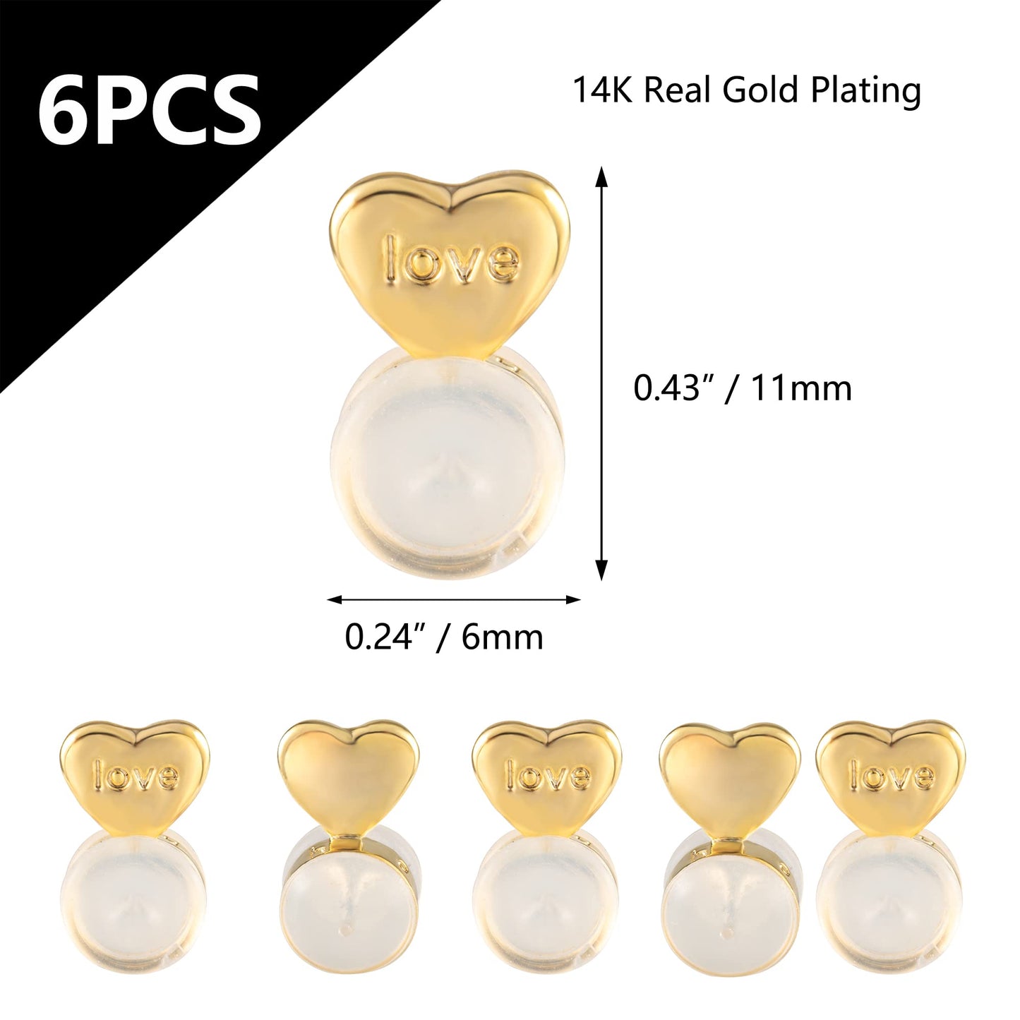 6PCS Heart Silicone Earring Lifter, 14K Gold Plated Love Earring Backs for Studs/Droopy Ears, Hypoallergenic Secure Earring Backs Replacements for Heavy Earrings