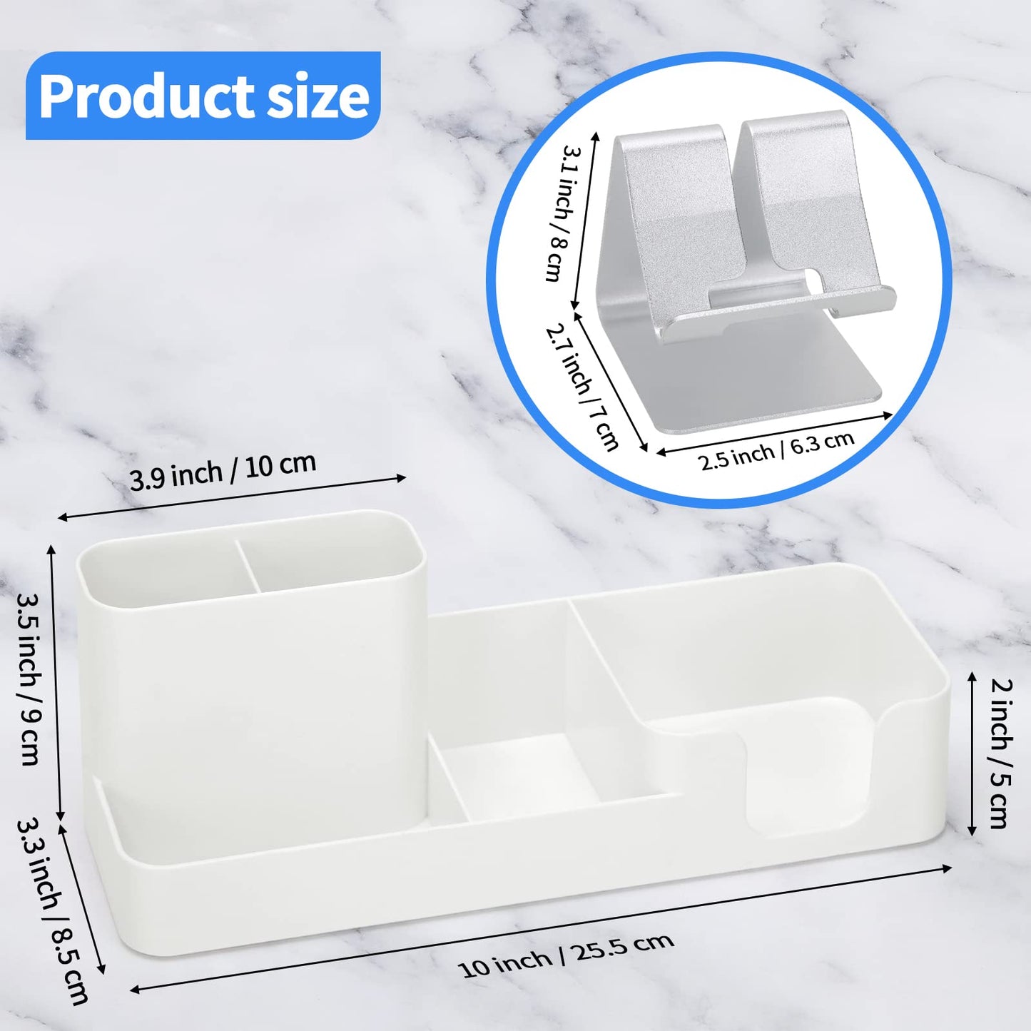 Pen Holder for Desk, Desktop Organizer with Mobile phone holder/Pencil Holders/Sticky Note Tray/Paperclip Storage and Office Stationery Accessories Caddy for Office Home School (White)