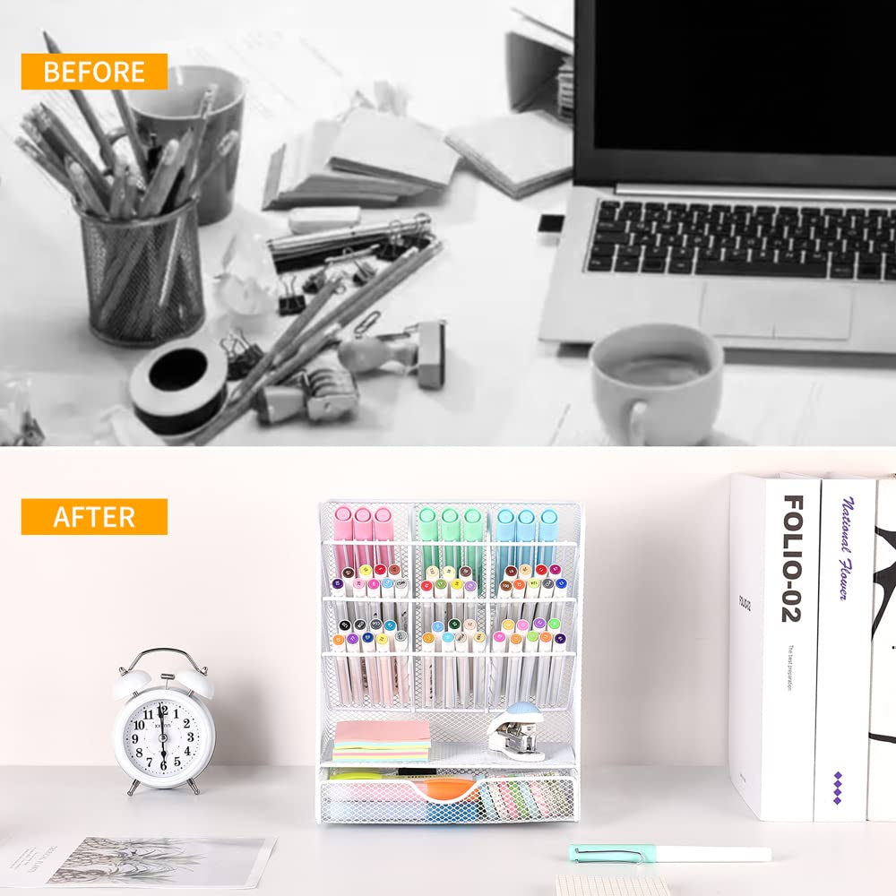 Spacrea Pen Holder Desk Organizer - Desk Organizers and Accessories, Pencil Holder with 10 Compartments and 1 Drawer(White)