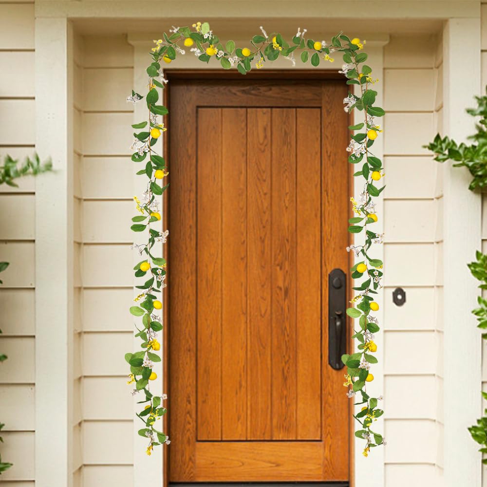 Hamifinee Artificial Lemon Garland with Fairy Lights Spring Summer Greenery Lemon Vine Plant Vivid Fruit Dense White and Yellow Flowers Hanging Wreath for Home Garden Wedding Party Christmas Décor