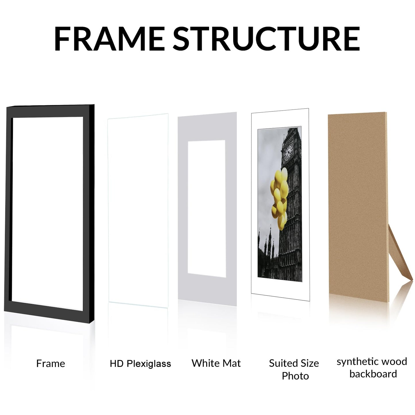 8x10 Picture Frame Set of 6, Display Pictures 5x7 with Mat or 8x10 Without Mat for Tabletop Display and Wall Mounting, Black