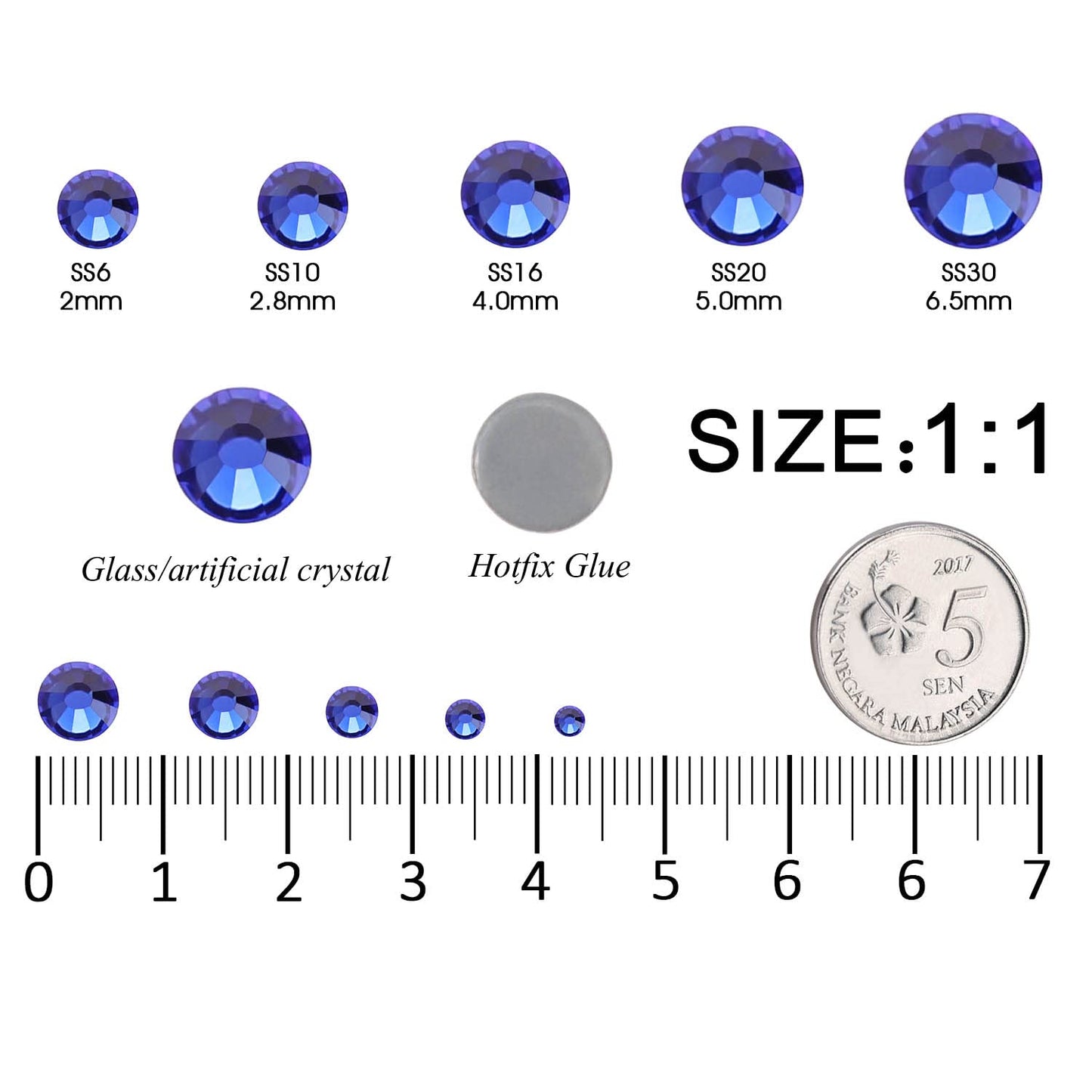 MEIBITE 6796PCS Blue Hotfix Rhinestones Crystal Stones Glass for Fabric Clothes Shirts Sparkly Flat Back Round with Tweezers and Picking Pen (SS6~SS30 Set)