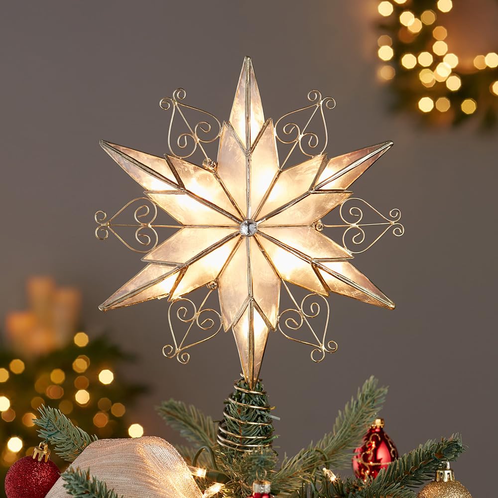 Kurt Adler UL3110 10-Light 6-Point Capiz Star Treetop With Scroll Design