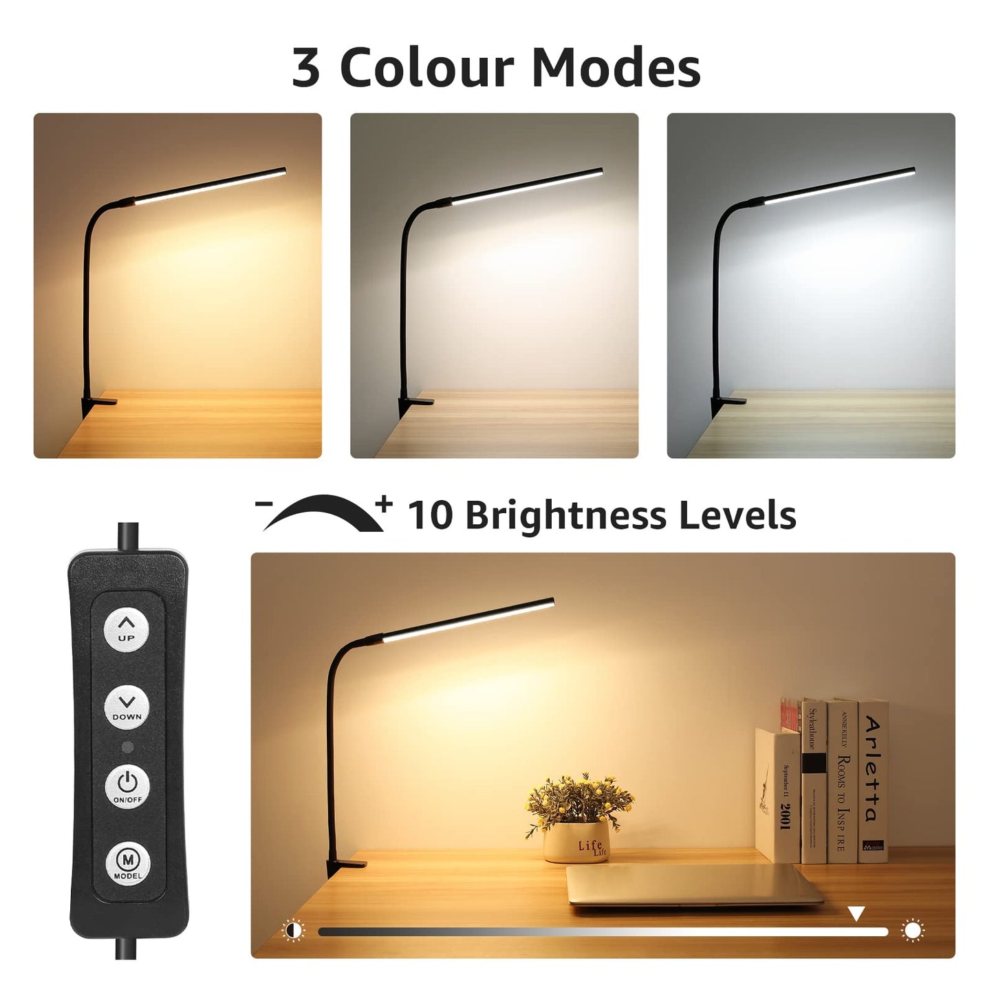 Lepro Clip on Desk Lamp LED Reading light Dimmable USB Small Clamp Lamp with 3 Color Modes 10 Brightness, Adjustable Flexible Gooseneck Table Light for Bed Headboard, Nail, Home Office,Computer(Black)