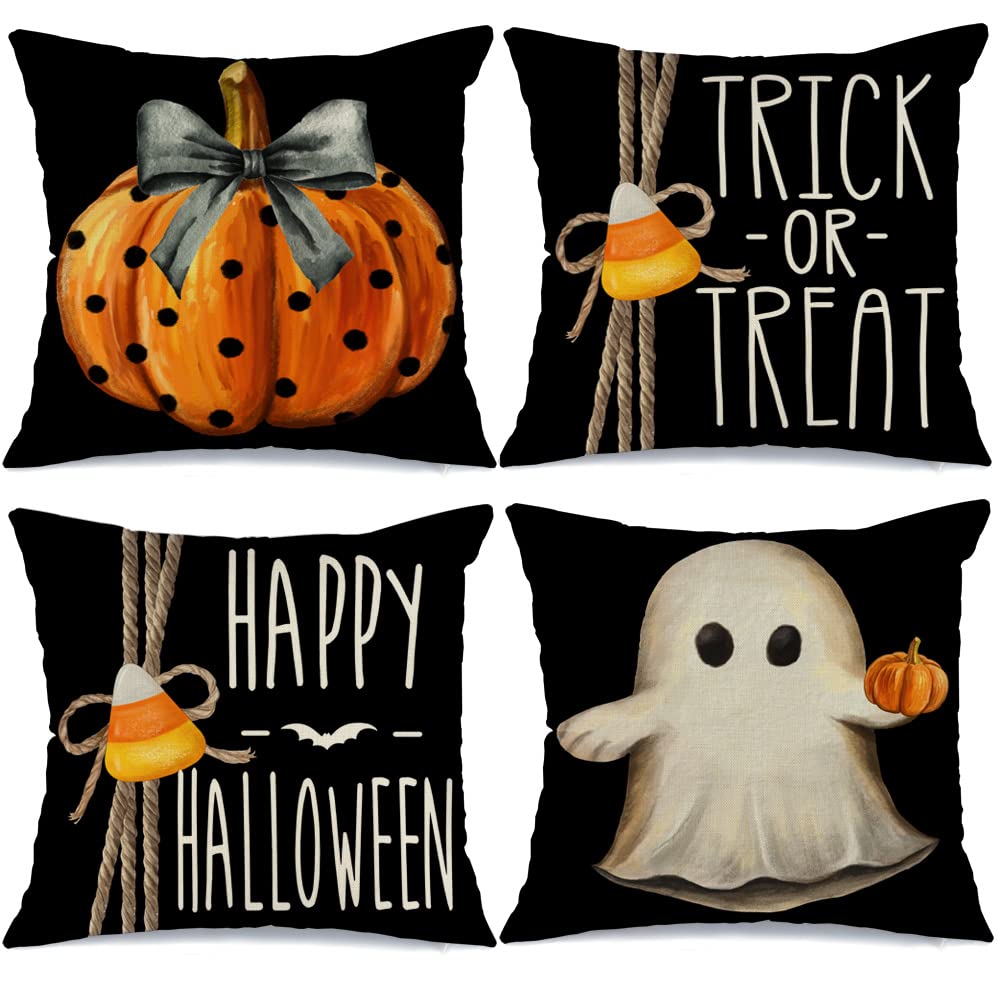 GEEORY Halloween Pillow Covers 18x18 inch Set of 4 Trick or Treat Pumpkin Ghost Throw Pillow Covers for Fall Halloween Decorations Halloween Party Pillows Decorative Pillow Covers for Couch Sofa