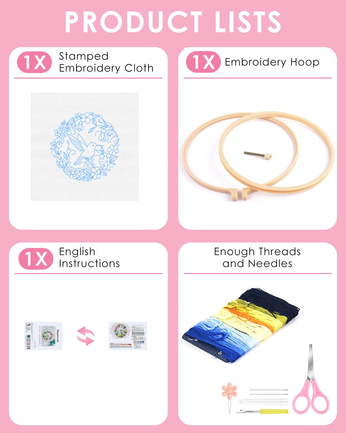 Embroidery Kit for Beginners Adult, Hummingbird Embroidery Kit for Beginners Include Embroidery Cloth Hoops Threads for Craft Lover Hand Stitch with Embroidery Skill Techniques