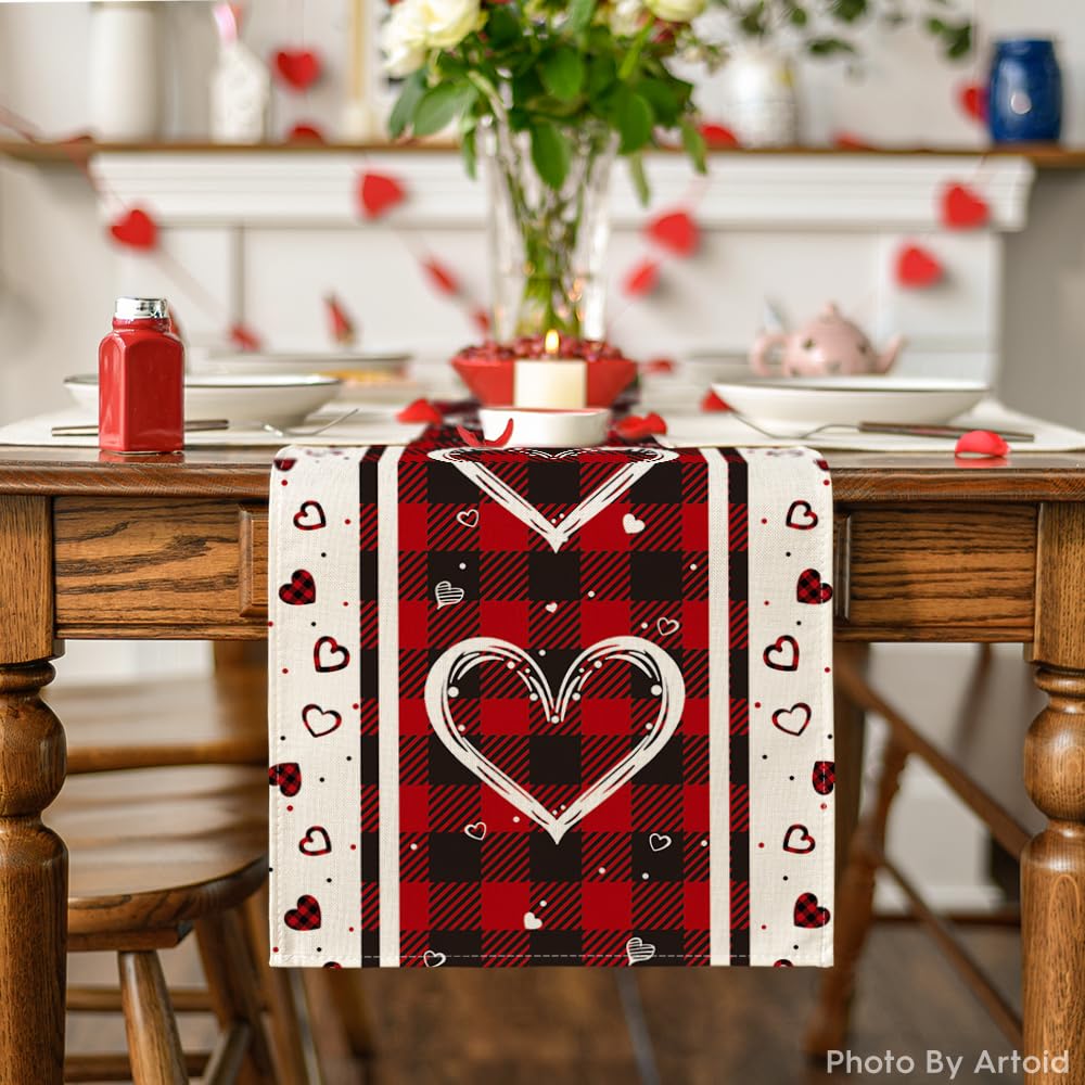 Artoid Mode Buffalo Plaid Love Hearts Valentine's Day Table Runner, Seasonal Kitchen Dining Table Decoration for Indoor Home Party 13x72 Inch