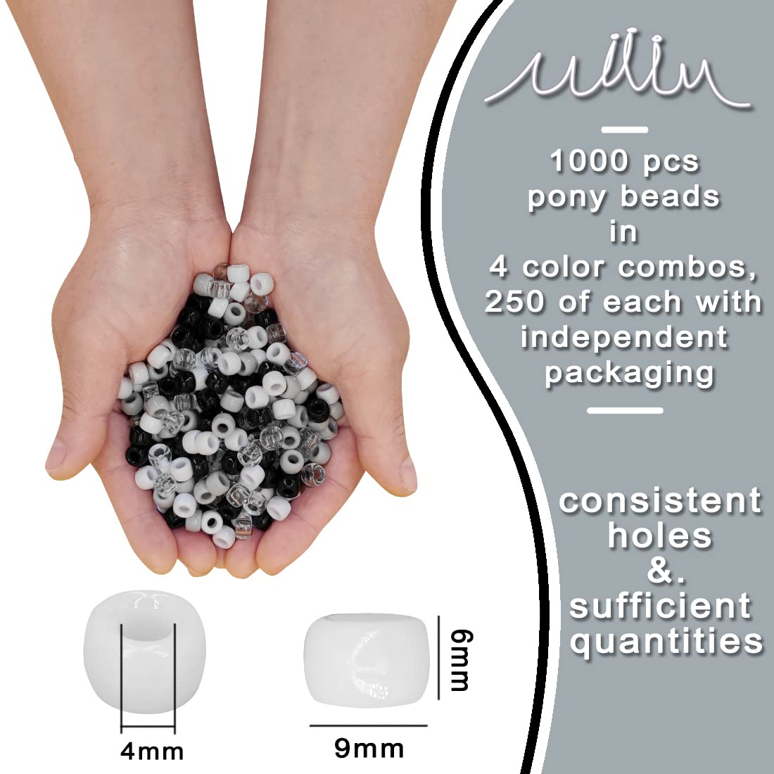 MIIIM 1000PCS 6x9mm Pony Beads Bulk, Black and White Kandi Beads for Bracelets Making Kit, Hair Braids Crafts for Jewelry Making (Neutral)