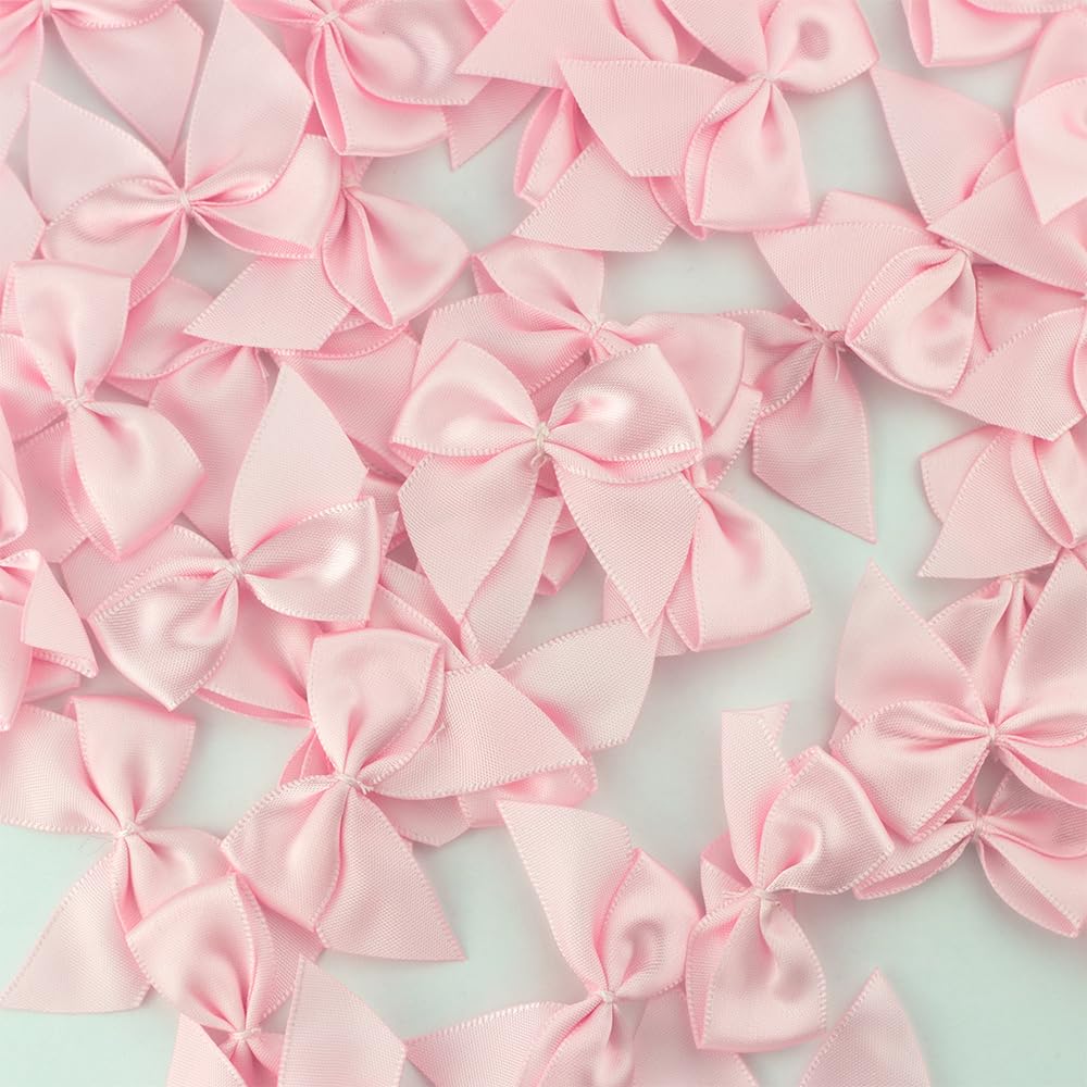 7Rainbows 50pcs Boutique Mini Pink Satin Ribbon Bows Flowers Appliques DIY Craft for Sewing Scrapbooking Wedding and Gift