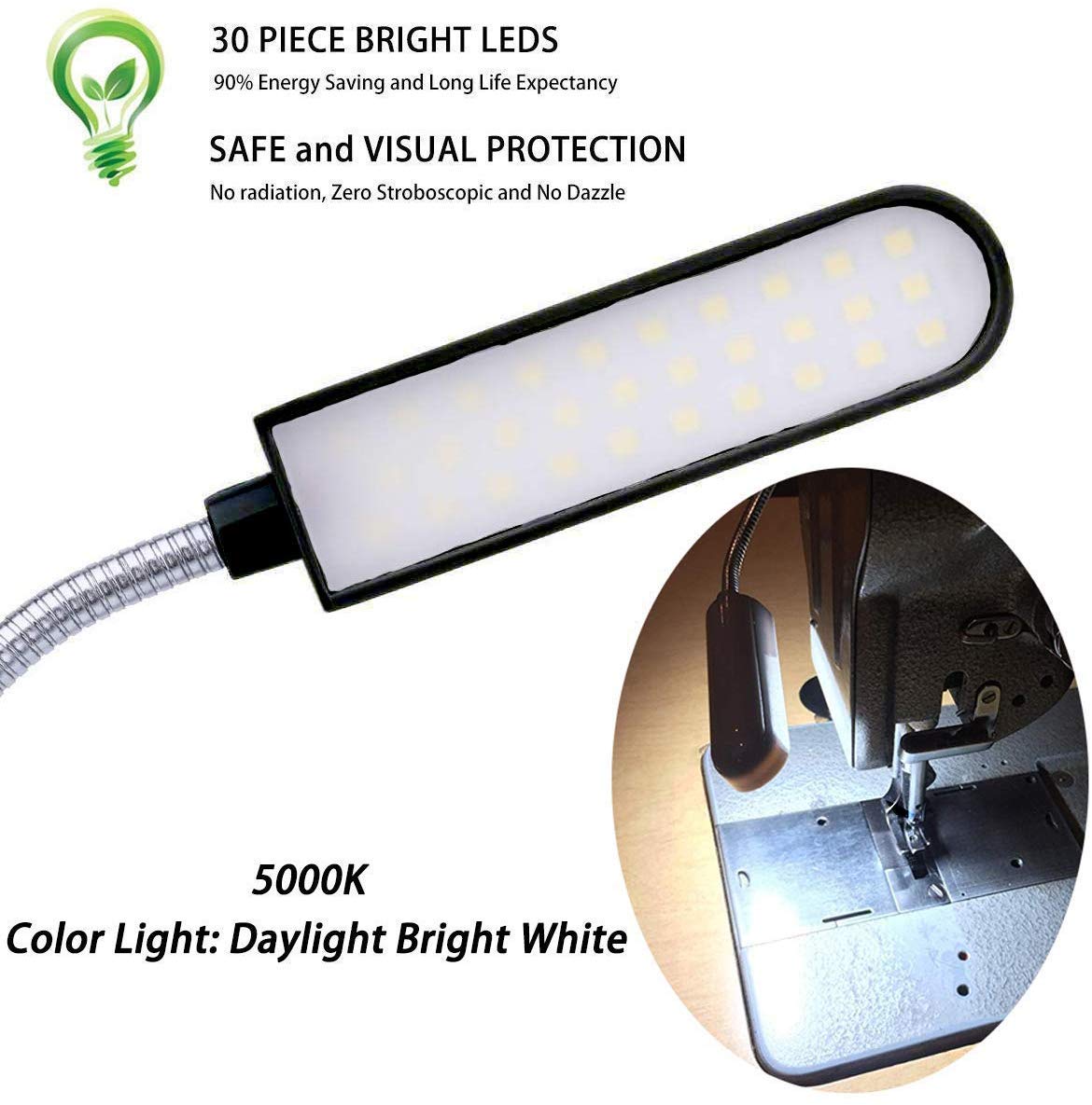 EVISWIY Sewing Machine Light LED Lighting (30LEDs) 6 Watt Multifunctional Flexible Gooseneck Arm Work Lamp with Magnetic Mounting Base for Workbench Lathe Drill Press 2 Pack
