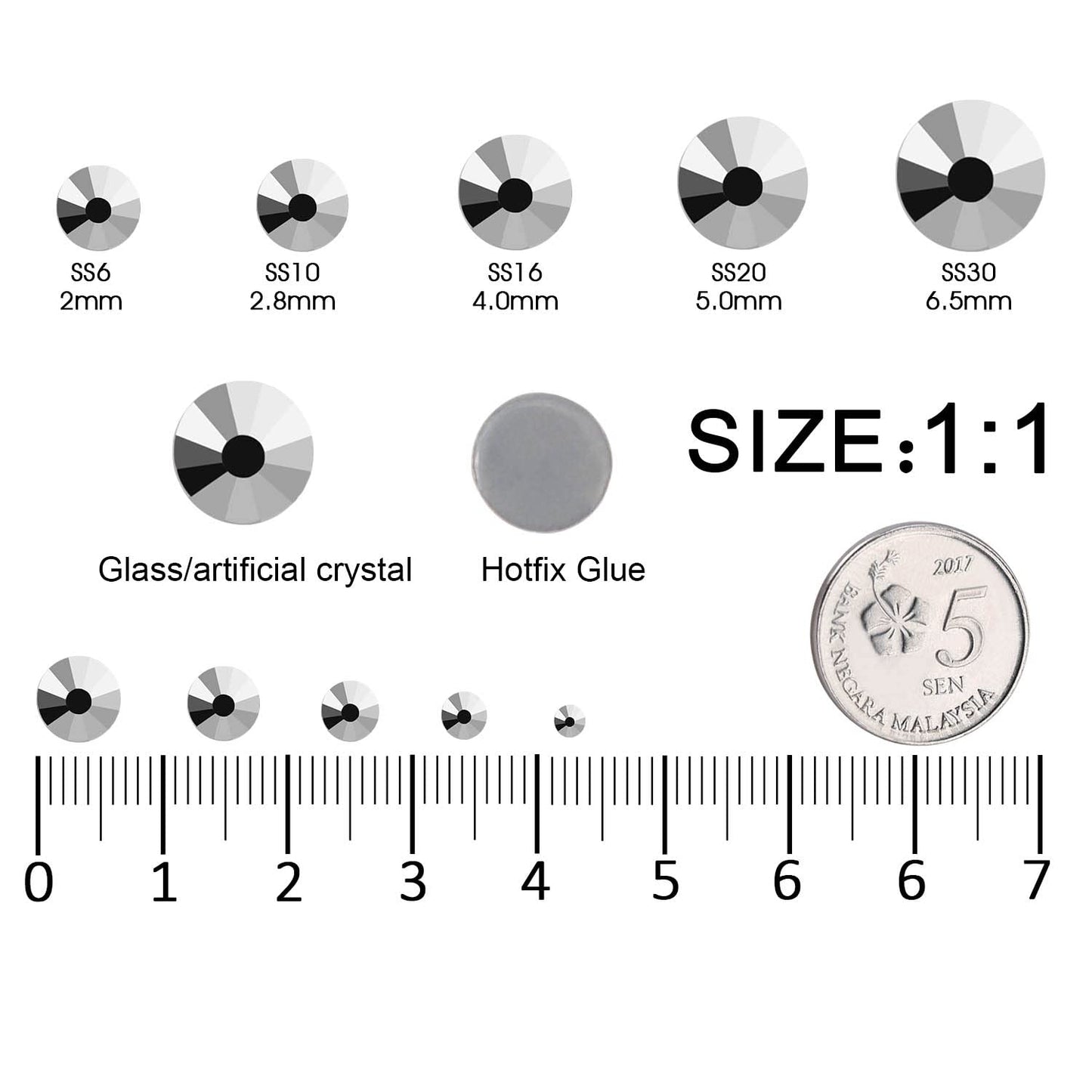 MEIBITE 6796PCS Sliver Hotfix Rhinestones Crystal Stones Glass for Fabric Clothes Shirts Sparkly Flat Back Round with Tweezers and Picking Pen (SS6~SS30 Set)