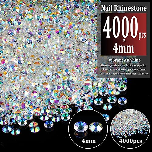 4000pcs 4mm Resin Rhinestones Bulk, Transparent AB Flatback Round Jelly Rhinestones Bedazzling Non Hotfix Crystal Gems Large Quantity Wholesale for DIY Crafts Clothes Tumblers Face Makeup Manicure