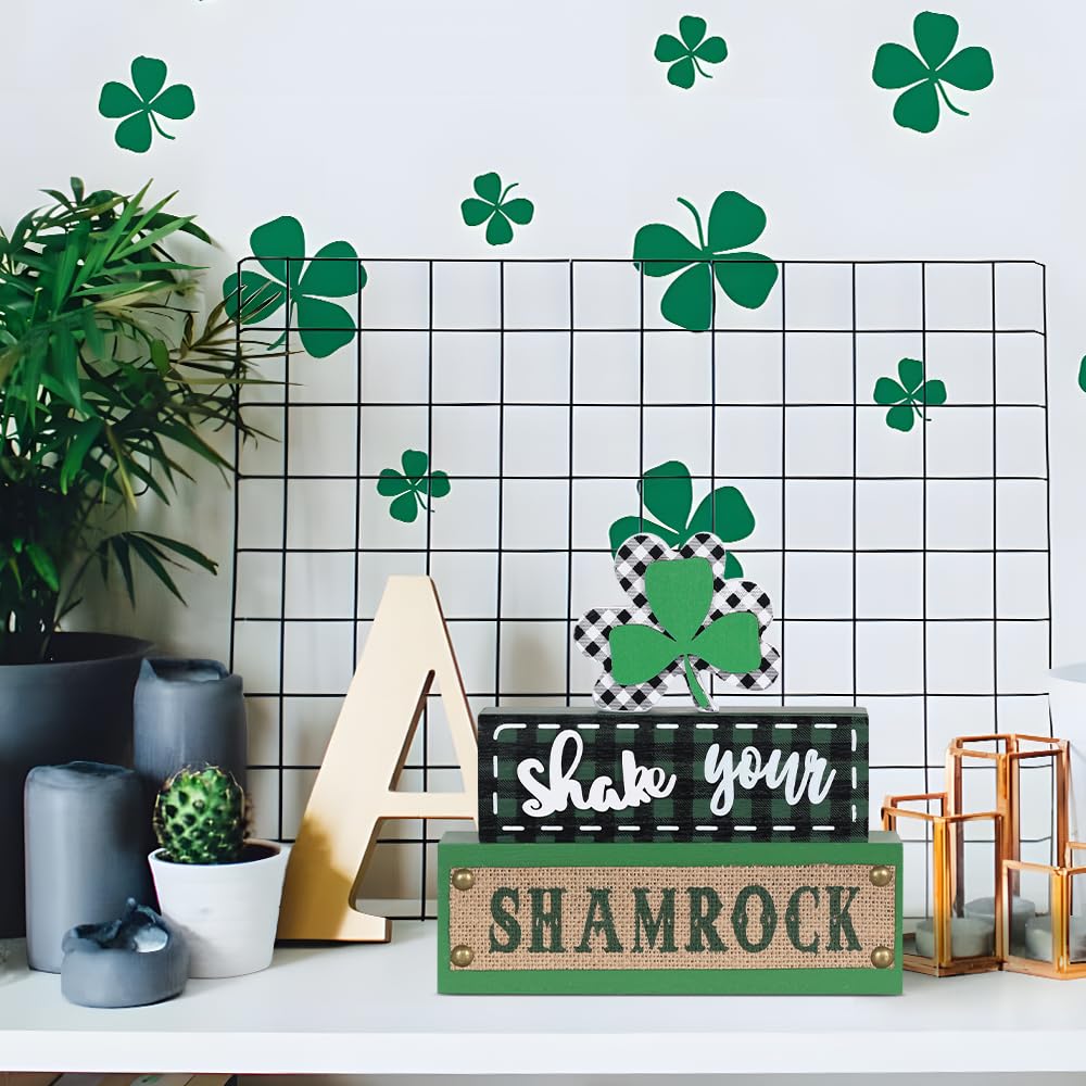 St Patricks Day Decorations, 3-Layered Shamrock Wood Block St Patricks Day Decor, Shamrock Ornaments Shake Your SHAMROCK Sign Saint Patricks Day Decorations for the Home, Table, Mantel