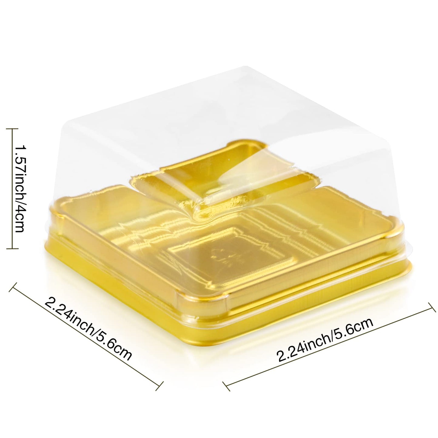 Pralb 100 Set 2.24"L x 2.24"W x 1.57"H Clear Plastic Mini Cupcake Boxes Muffin Pod Dome Muffin Single Container Box Wedding Birthday Gifts Supplies for Cheese Pastry Dessert Mooncake (square, gold)
