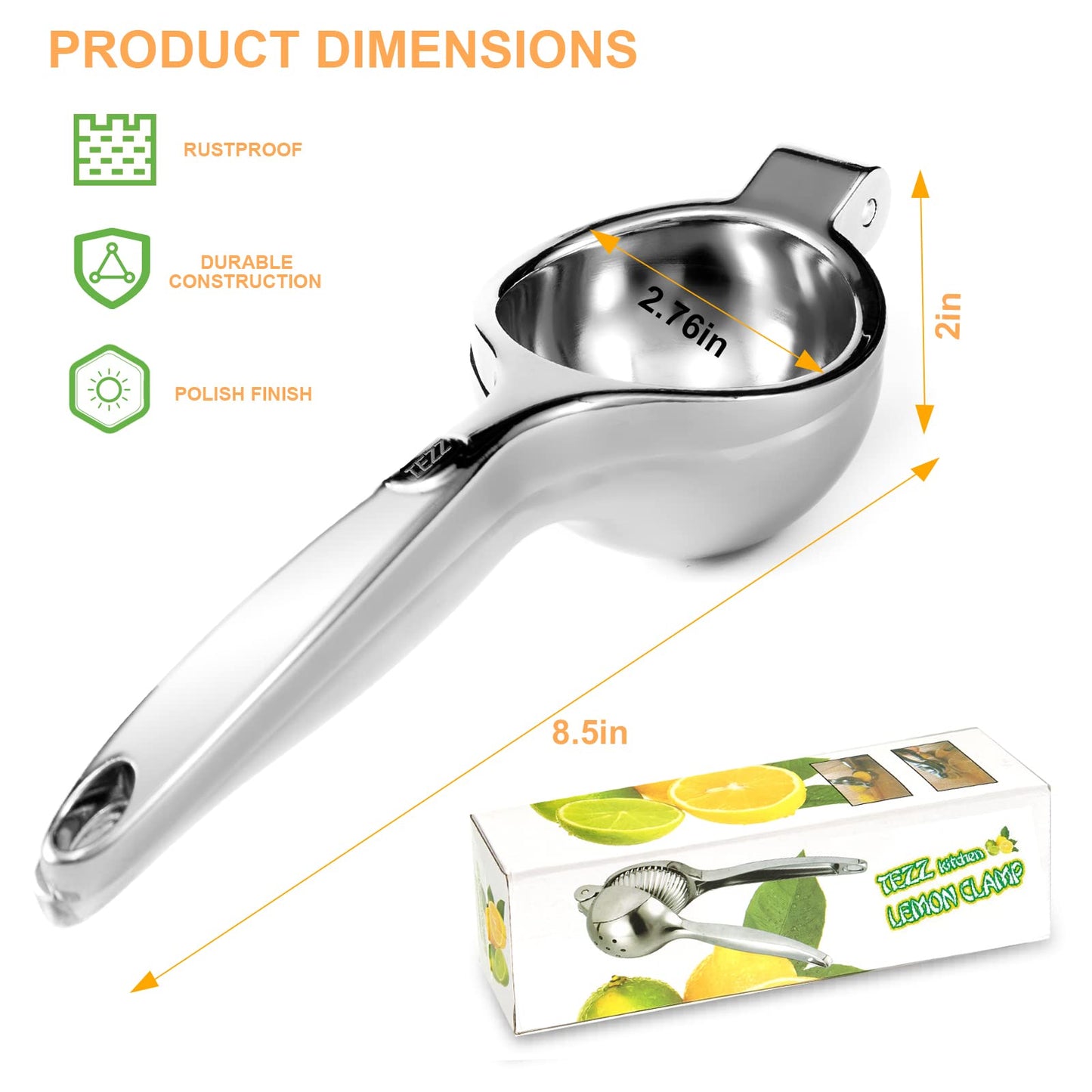 TEZZ Premium Lemon Squeezer, Large Heavy Duty Handhelp Juicer for Lemon, Stainless Steel Hand Press Citrus Juicer, Lime Squeezer Bar Tool, Manual Citrus Press