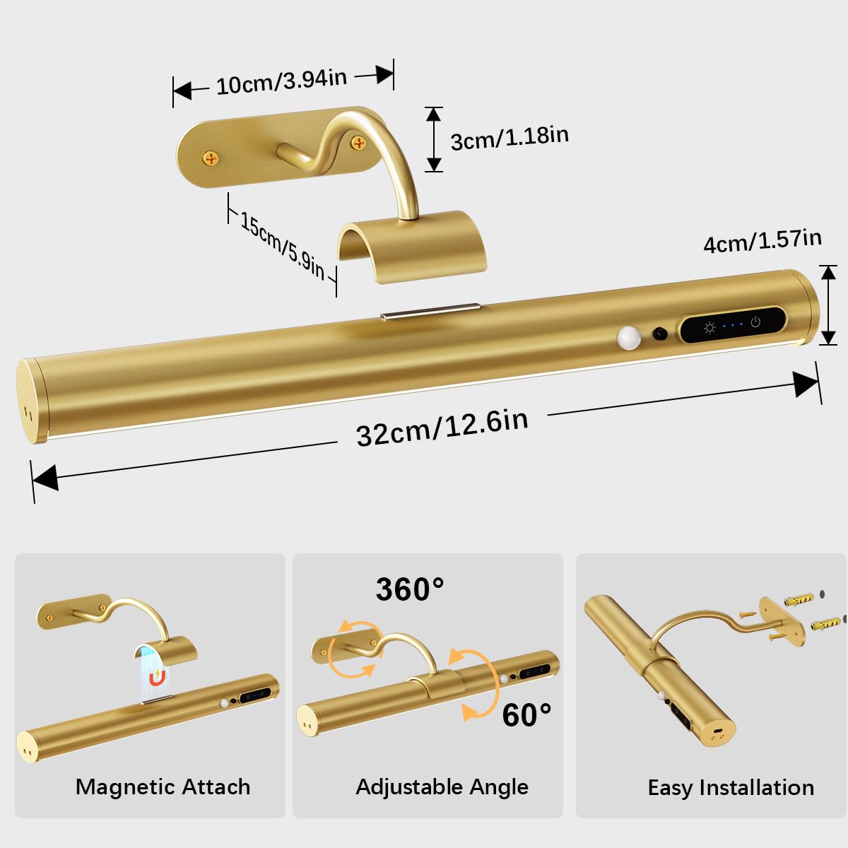 Hapfish Motion Sensor Battery Operated Wall Sconce, Wireless Picture Lights for Wall, Rechargeable Magnetic Art Lighting with Remote Control, Battery Picture Light for Poster Dartboard Mirror â Gold
