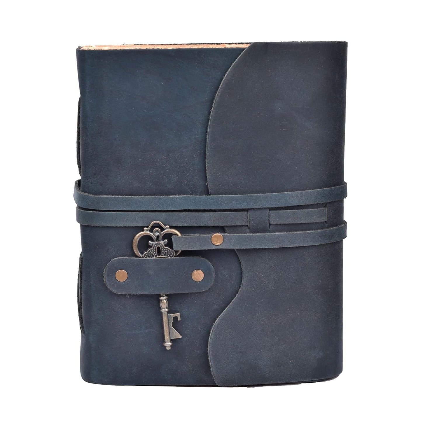 LEATHER VILLAGE Vintage Leather Journal – 200 Handmade Vintage Deckle Edge Paper – Leather bound Journal For Women Men – Vintage Key Closure - Book of Shadows - Blue - 6X4 inches (A6)
