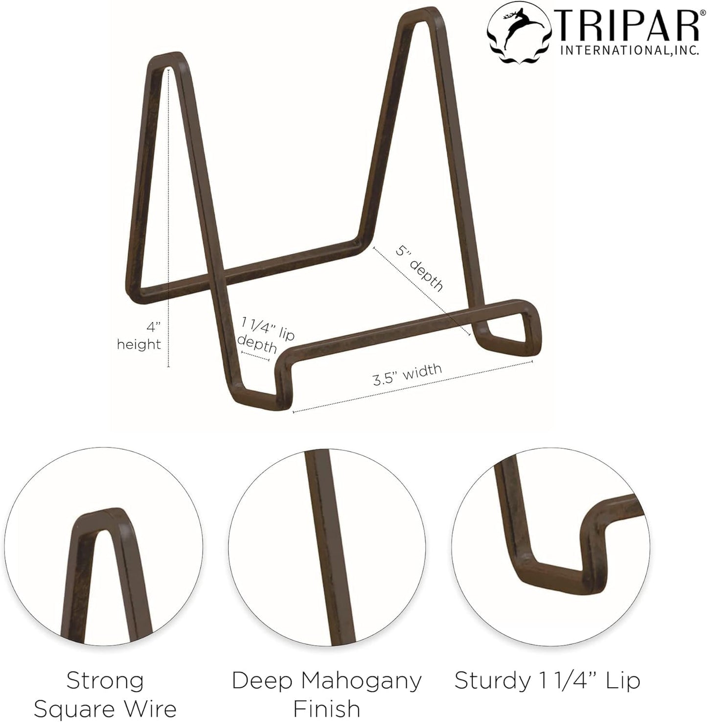 TRIPAR 4-Inch Metal Mahogany Painted Square Kitchen Book Holder/Stand, Wire Mini Easel, Small Photo Stands for Table, Display for Picture Frames, Plaques & Plates