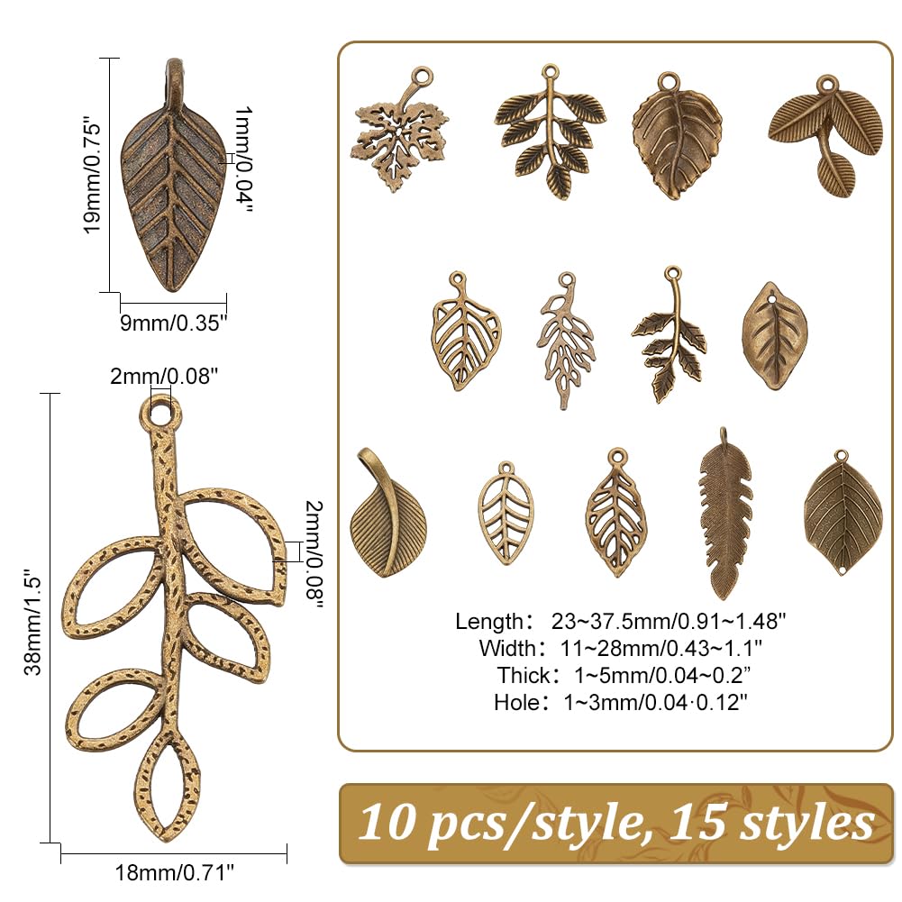 150pcs 15 Styles Tree Leaf Charms Pendants, Tibetan Branch Leaves Charms Metal Alloy Leaf Beads Antique Bronze Dangle Charm for Spring Earring Bracelet Necklace Kaychain Jewelry Making