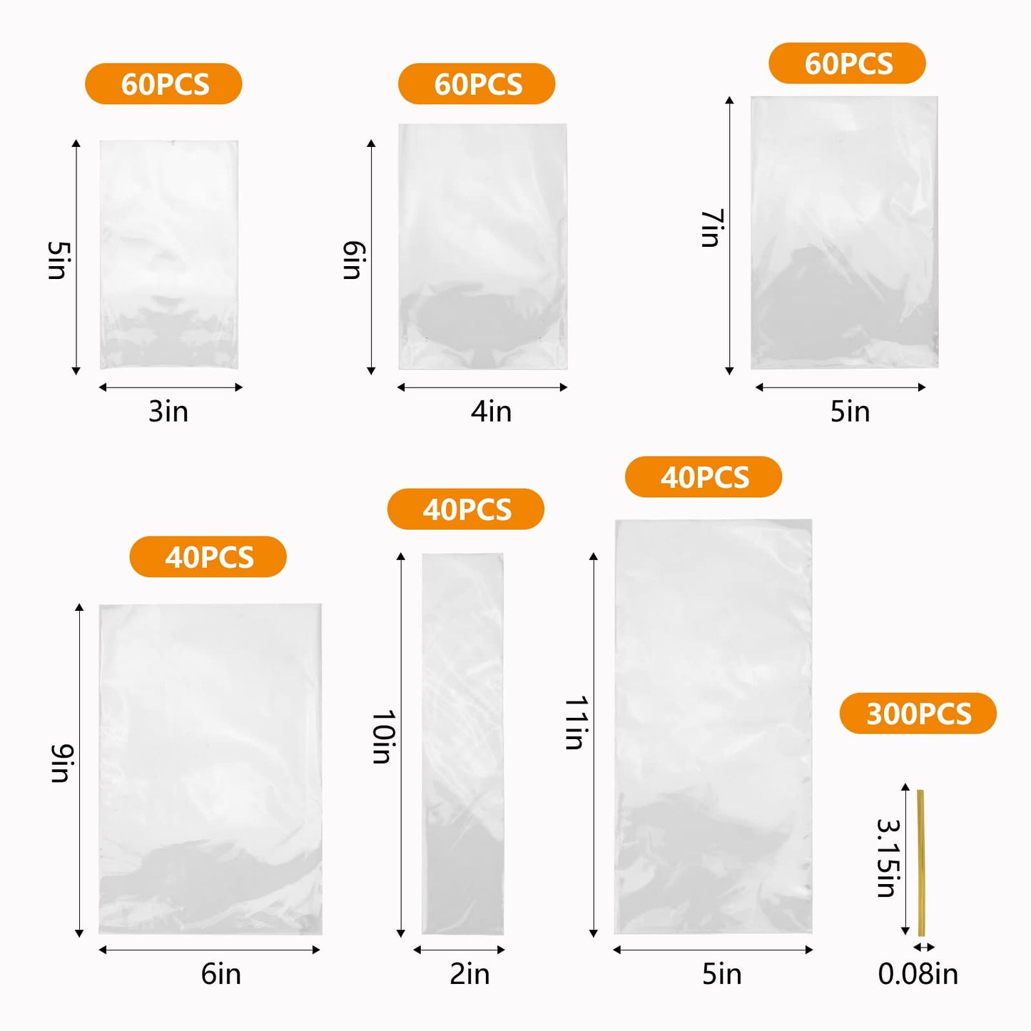 NEOACT 300 PCS Clear Flat Cellophane Treat Bags with 3x5,4x6,5x7,6x9,2x10,5x11,Treat Bags with Ties are Good for Pretzel Rods,Bakery, Cookies, Candies,Dessert.