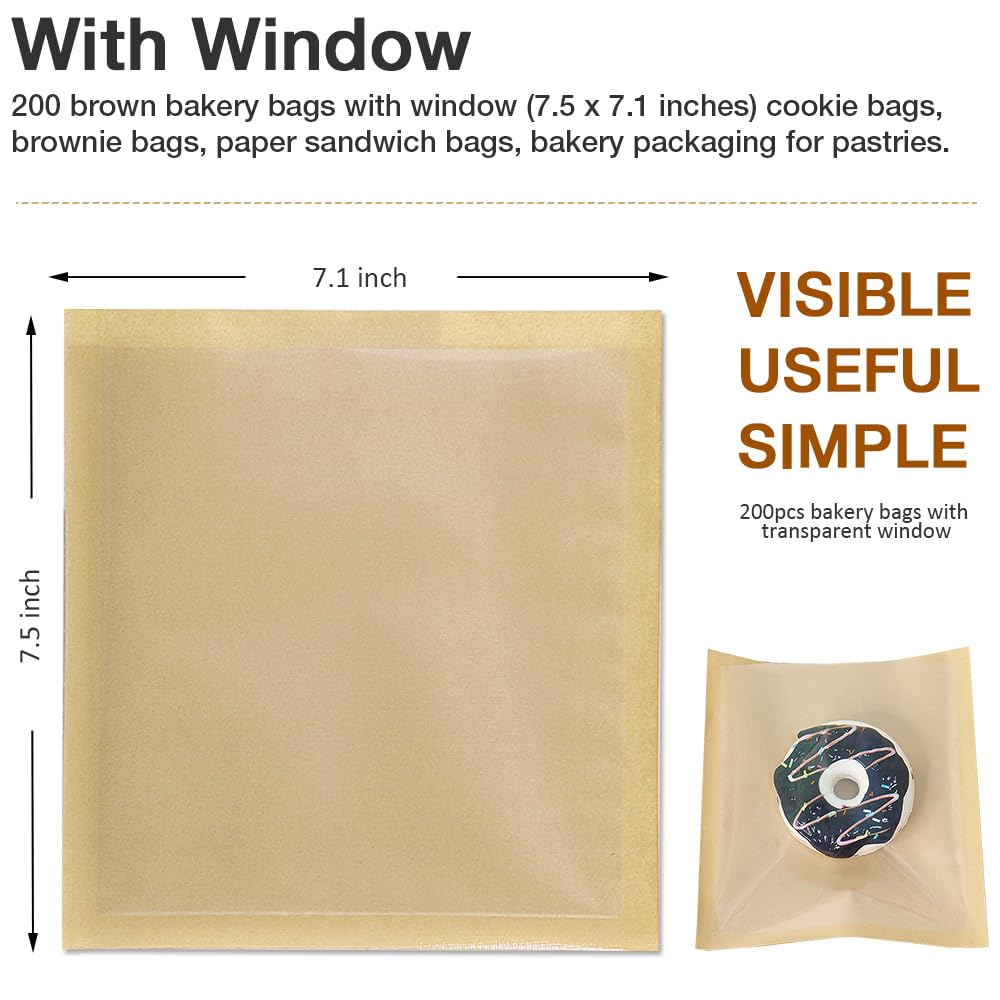 Goalfly 200 Pcs Bakery Bags with Window, 7.1 x 7.5 Inches Paper Donut Bags To Go, Pastry Bags for Baked Goods, Cookies, Treats, Candies, Sandwiches (Brown)