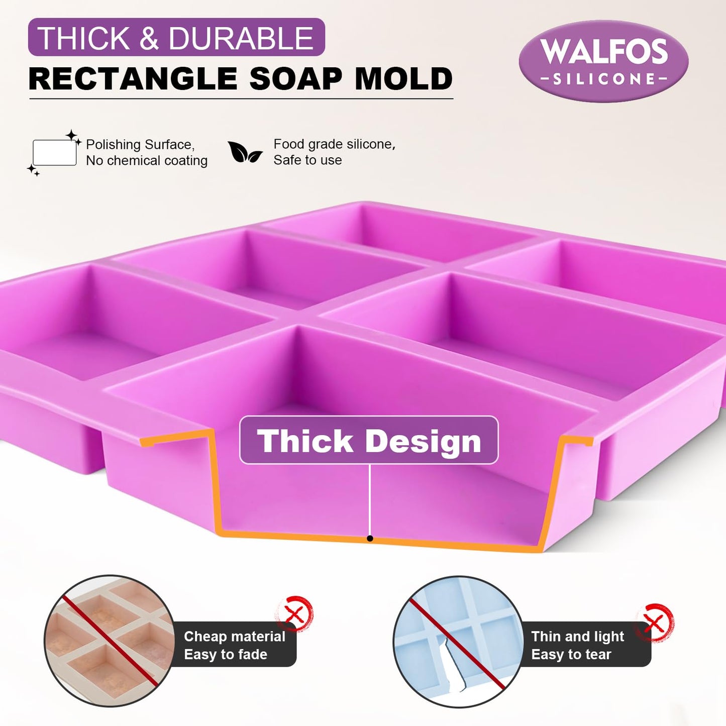 Walfos Silicone Soap Molds Set of 3, 6 Cavities Rectangle Silicone Soap Molds for Homemade Craft Soap Mold, Cake Mold, Chocolate Mold & Ice Cube Tray(Blue & Purple & Pink)