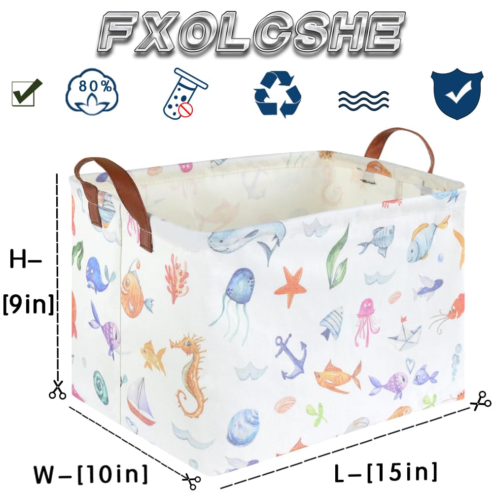 FXOCSHE Rectangle Fish Basket,Ocean Animals Waterproof Kids foldable Laundry Basket,Nursery Hamper,Boys and Girls Hamper,kids Room decor, kids toy organizer,Gift basket(Ocean Animals)