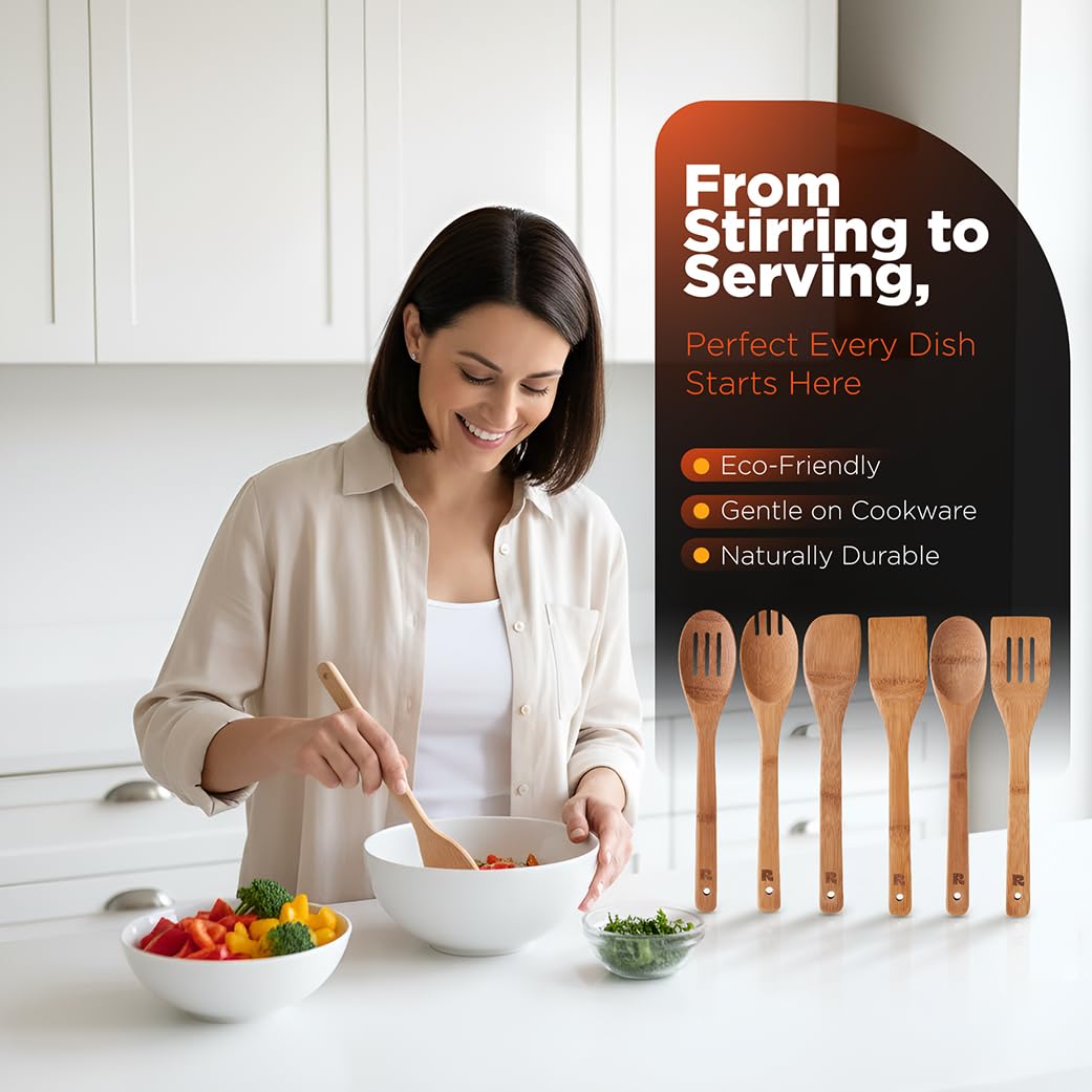 Dark Bamboo Wooden Spoons for Cooking 6-Piece, Apartment Essentials Wood Spatula Spoon Nonstick Kitchen Utensil Set Premium Quality Housewarming Gifts for Everyday Use