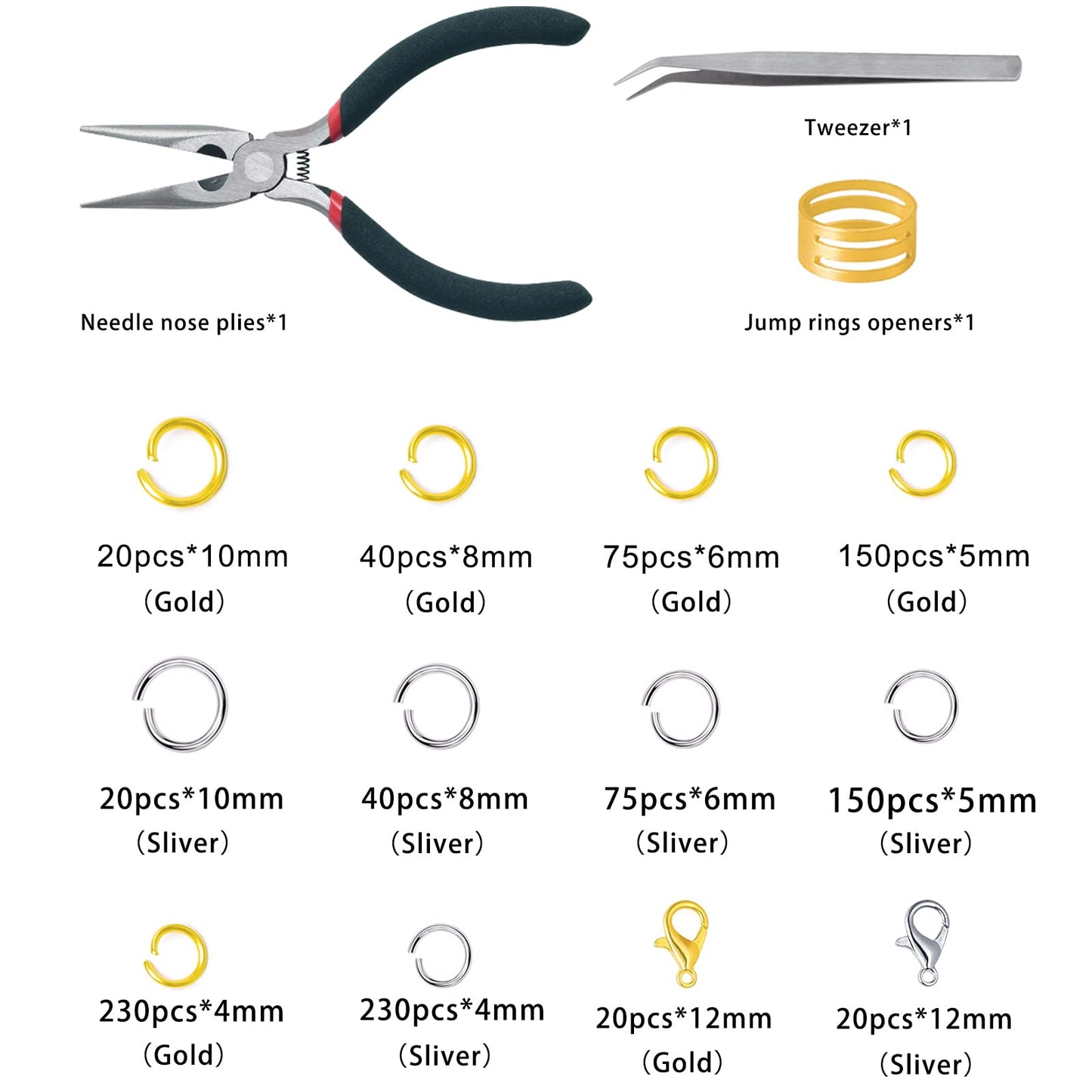 Jump Rings for Jewelry Making Kit, 1200 pcs Open Jump Rings Jewelry Repair Kit for Necklace Bracelet, Lobster Clasps and Closures Repair Supplies Kit with Pliers Tweezers (Gold/Silver)