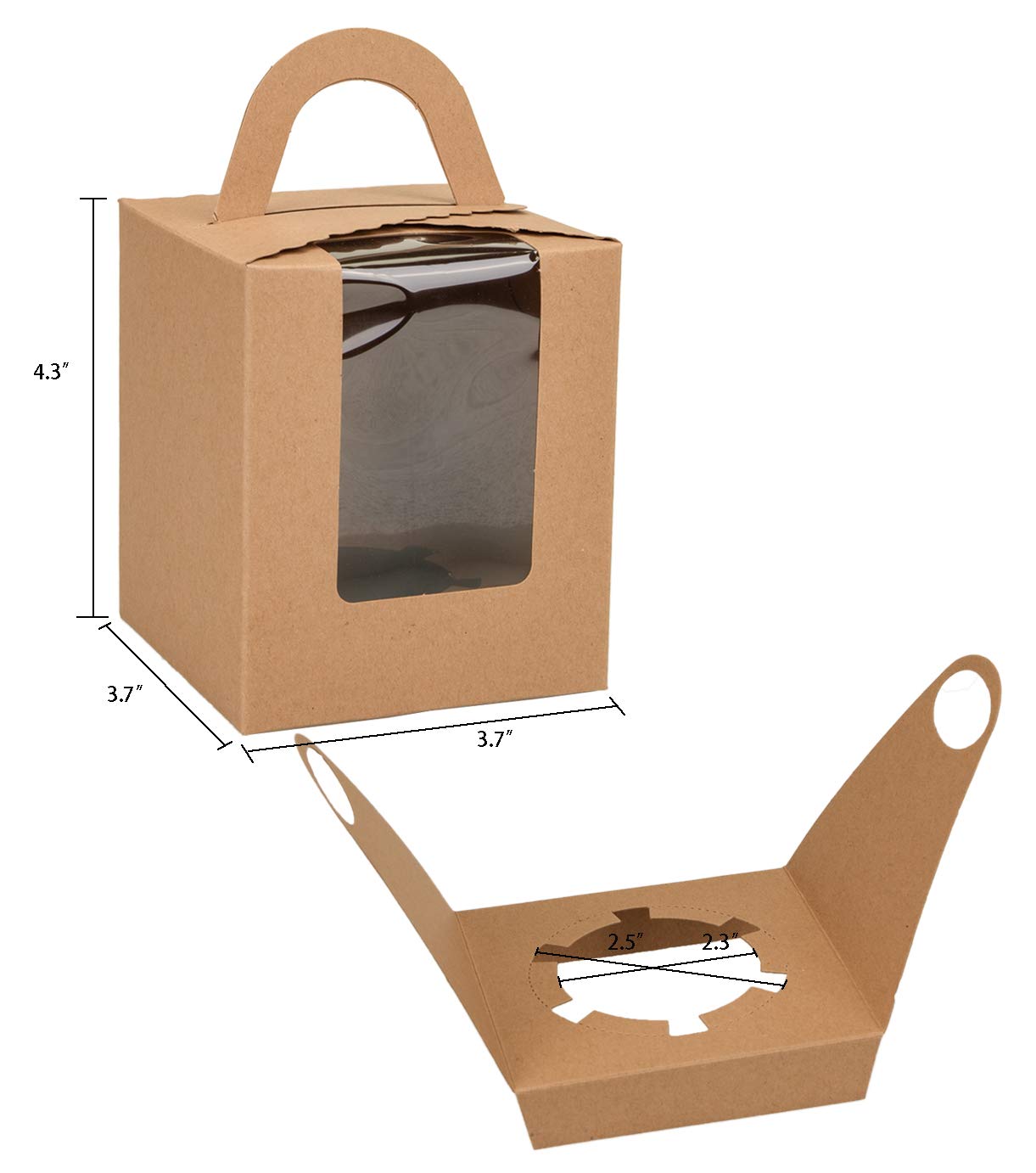 Jucoan 100 Pack Cupcake Box, Kraft Paper Individual Cupcake Container with Window and Handles, Bulk Single Cupcake Packaging Box for Muffin, Cocoa Bomb, Party Favor Pastry Treat Boxes