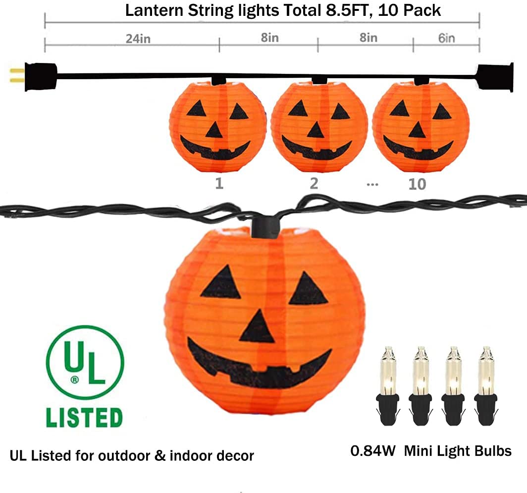 GOOTHY Halloween Pumpkin Lantern String Lights, 8.5Ft Halloween Orange Decorative String Lights with 10 Mini Jack-O- Lanterns Pumpkins, Plug in Outdoor Halloween Lantern Lights for Party Patio Garden