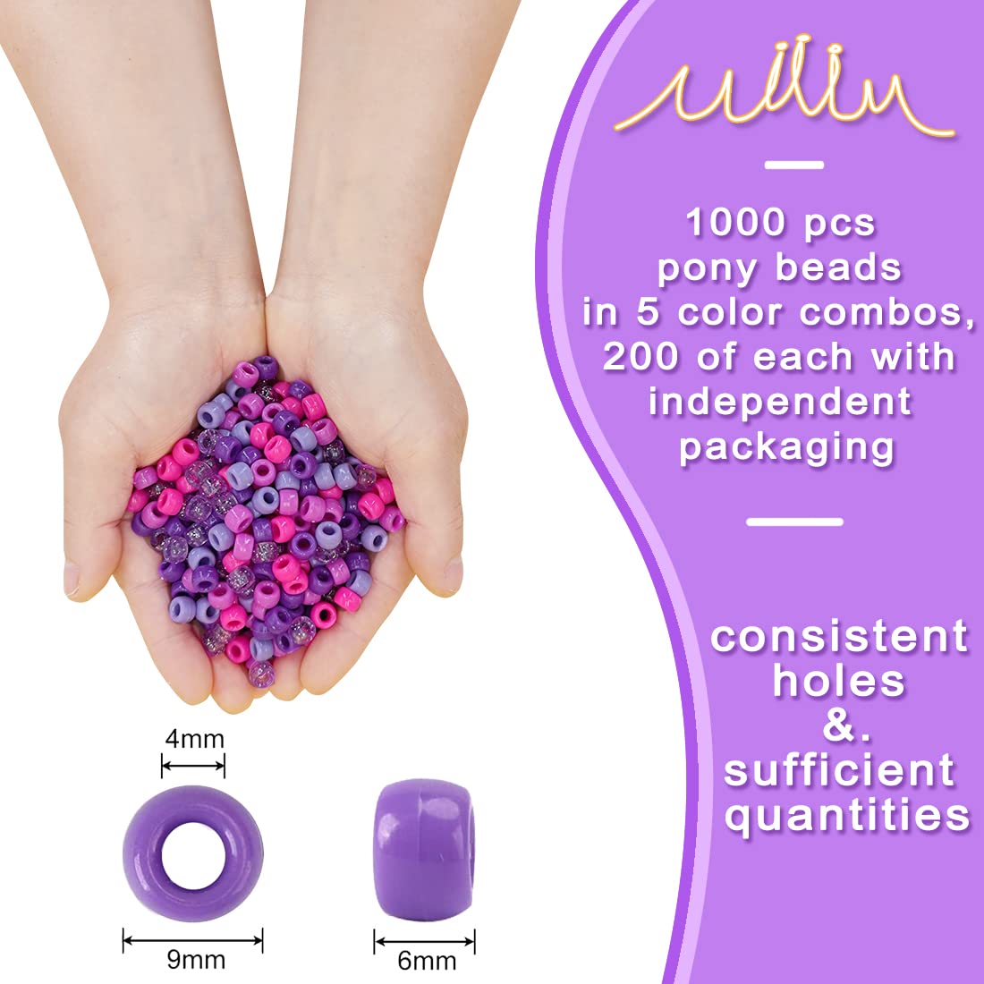 MIIIM 1000PCS 6x9mm Pony Beads Bulk, 5 Styles Purple for Bracelets Making Kit, Kandi, Hair for Braids, Craft for Jewelry Making (Purple)