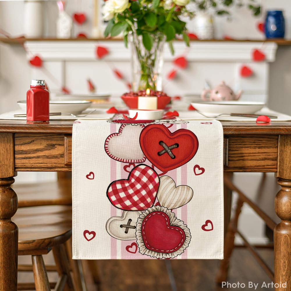 Artoid Mode Heart-Shaped Buttons Valentine's Day Table Runner, Seasonal Kitchen Dining Table Decoration for Indoor Home Party 13x72 Inch
