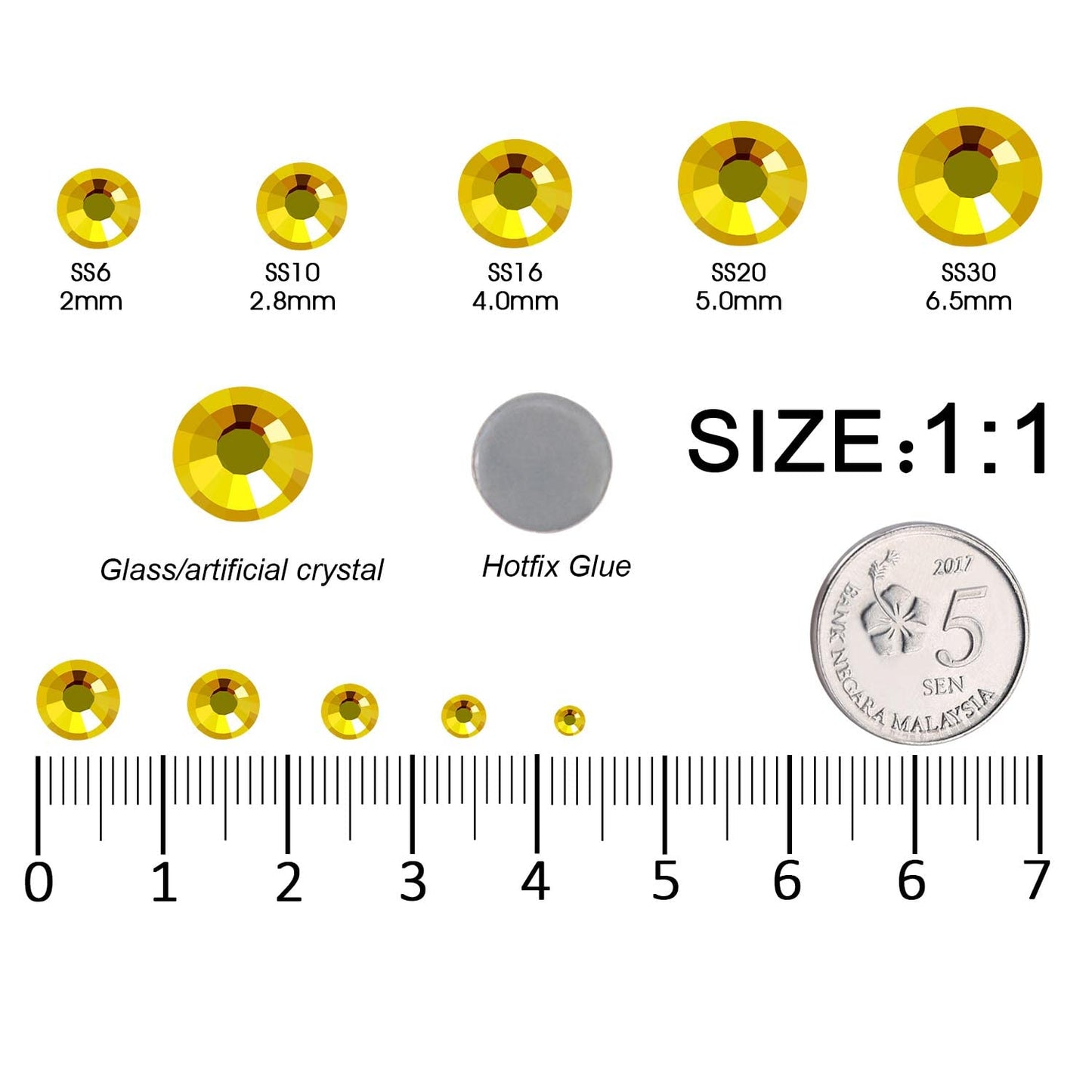 MEIBITE 6796PCS Yellow Hotfix Rhinestones Crystal Stones Glass for Fabric Clothes Shirts Sparkly Flat Back Round with Tweezers and Picking Pen (SS6~SS30 Set)