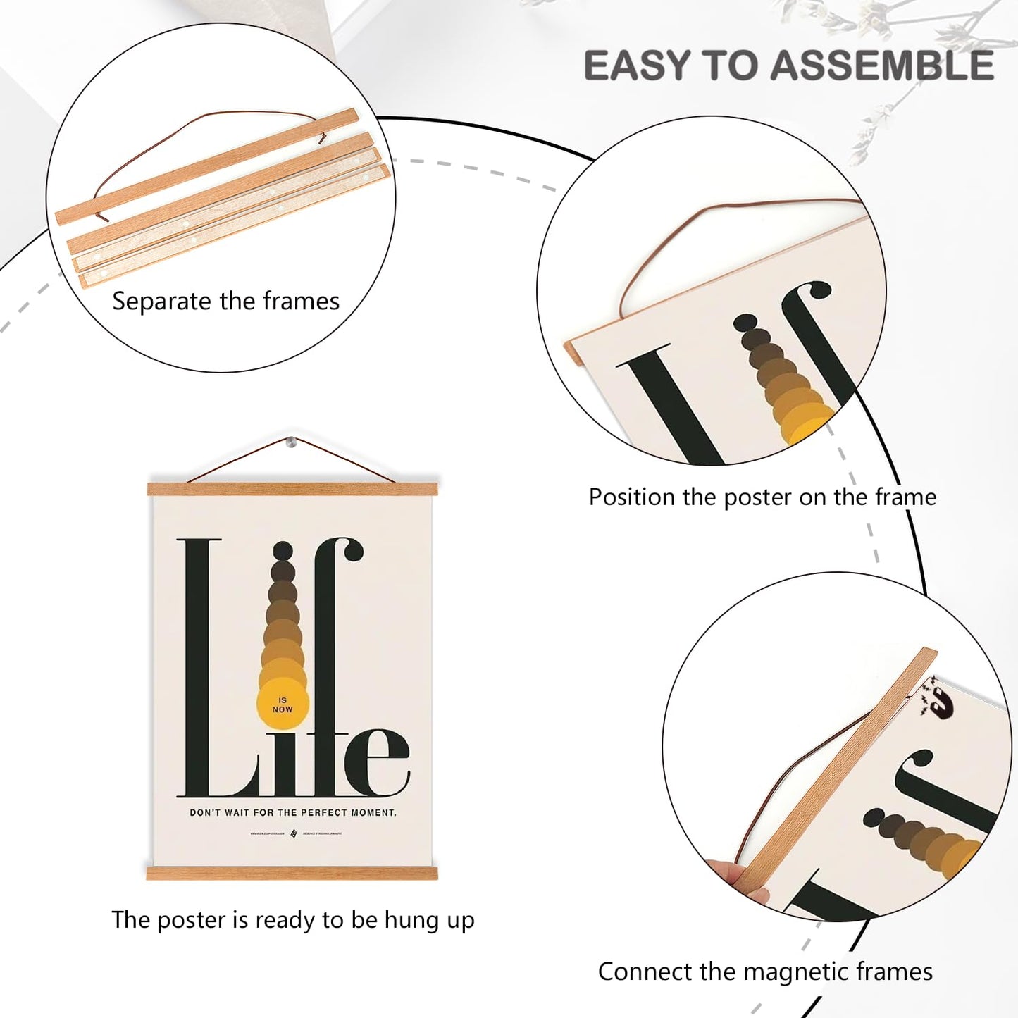 4 Pack Magnetic Poster Hanger Frame, 8x10 8x12 8x24 Light Wood Wooden Magnet Poster Frame for Maps Canvas Artwork Pictures Poster Hangers Frames (Teak,8")