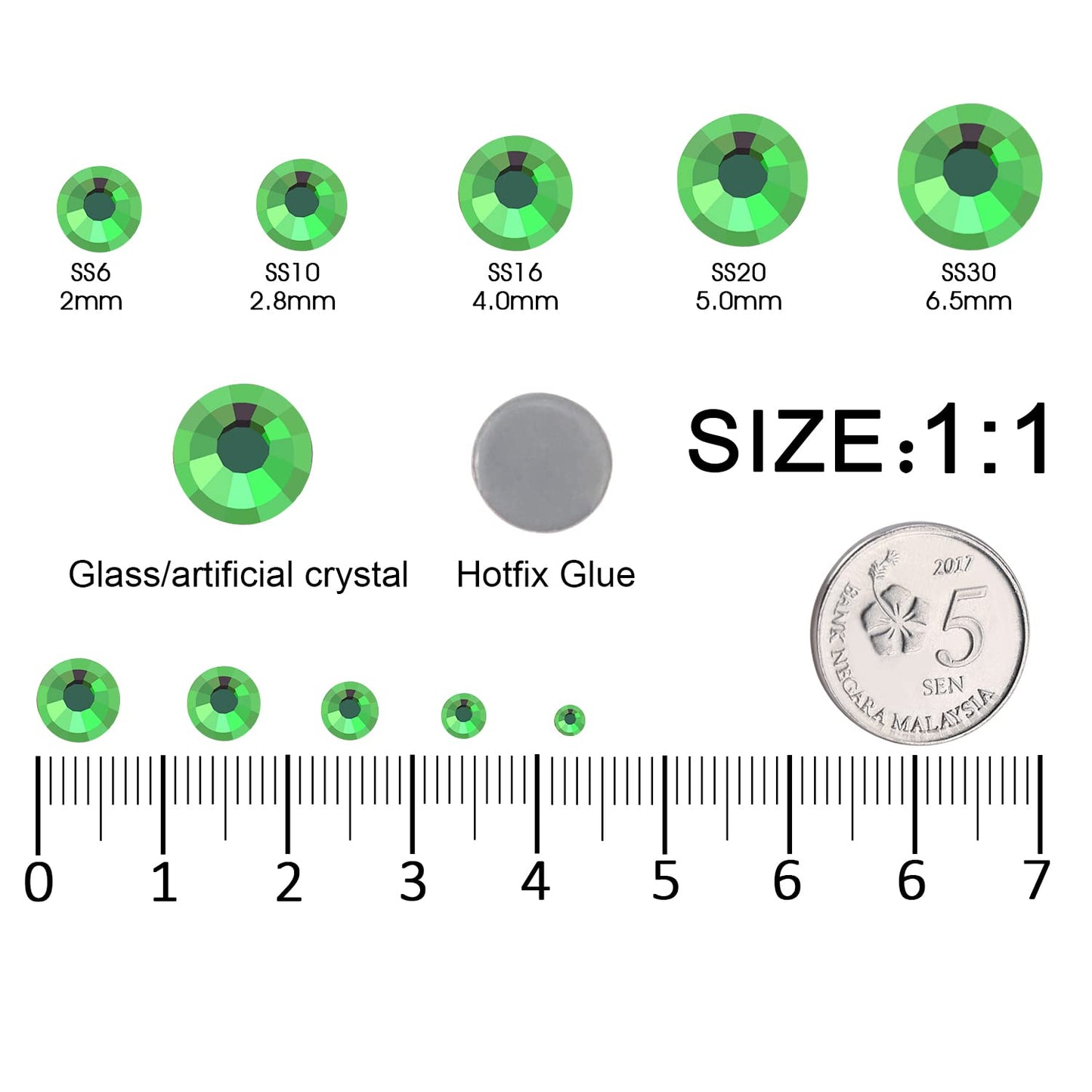 MEIBITE 6796PCS Light Green Hotfix Rhinestones Crystal Stones Glass for Fabric Clothes Shirts Sparkly Flat Back Round with Tweezers and Picking Pen (SS6~SS30 Set)