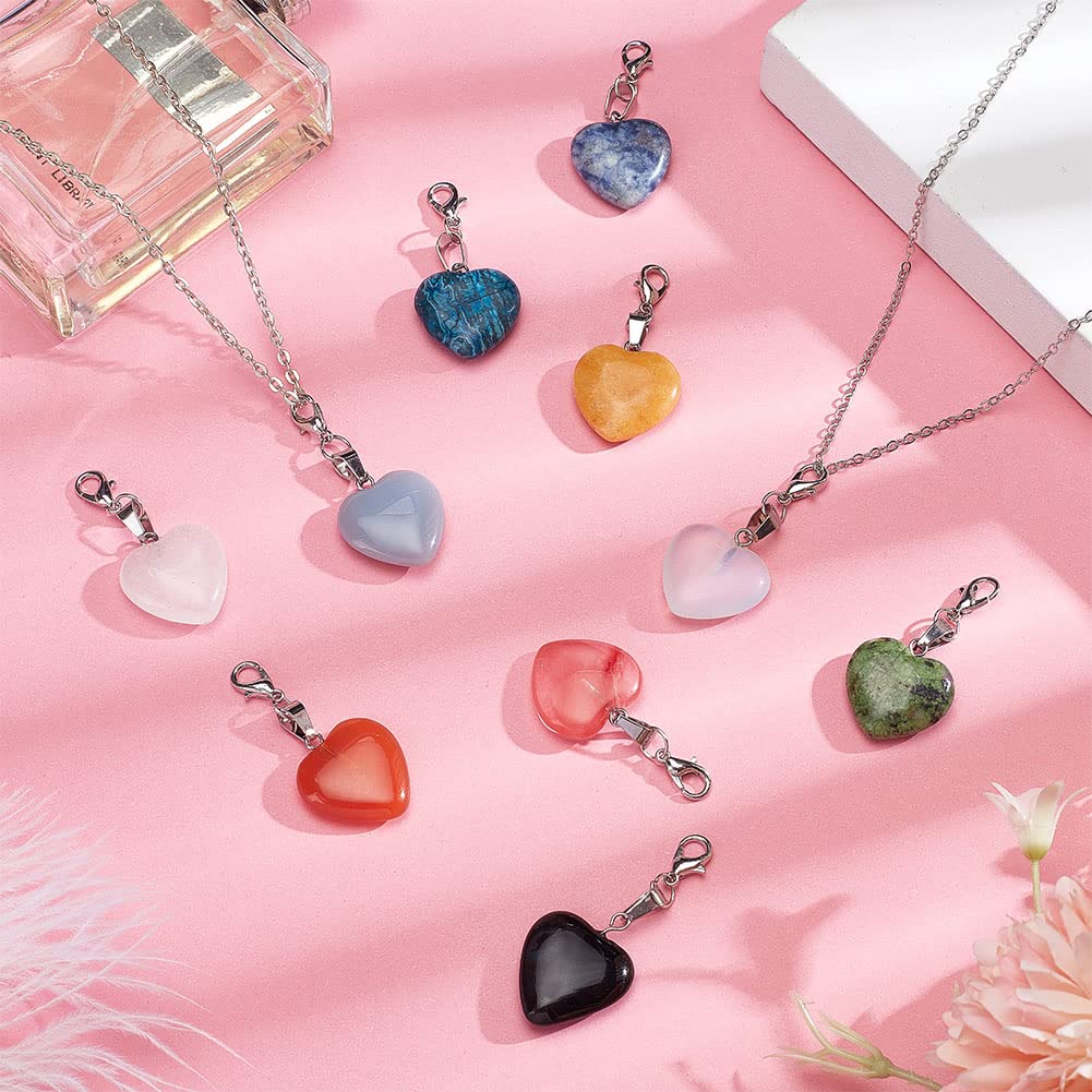 PH PandaHall Heart Stone Charms 16pcs Love Heart Pendants Valentine Charms Quartz Gemstone Chakra Stone Charm Pendants with Lobster Claw Clasps for Valentine Mother Wedding Necklace Jewelry Making