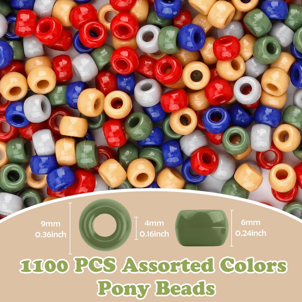 QPIXVB 1100pcs Multicolor Pony Beads, 6x9mm Plastic Cylindrical Craft Beads for Bracelets, Hair Braids, Jewelry Making