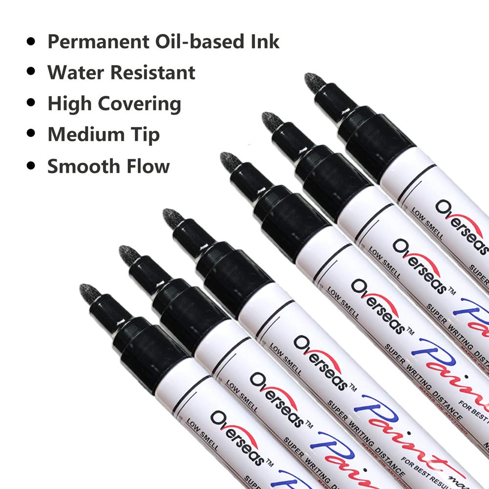 Black Paint Markers Pens - Single color 6 Pack Permanent Oil Based Paint Pen, Medium Tip, Quick Dry and Waterproof Marker for Rock, Wood, Fabric, Plastic, Canvas, Glass, Mugs, Canvas, Glass