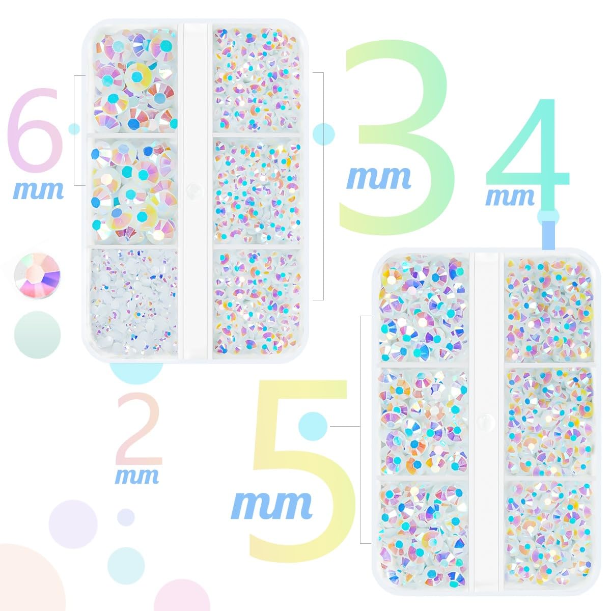 qiipii White AB Resin Flatback Rhinestone for Tumblers Crafting 2mm 3mm 4mm 5mm 6mm Flatback Jelly Stones Gems Diamonds for Face Eyes Makeup Mugs Bottles DIY Crafts Decor Clothes Shoes Phones Bookes