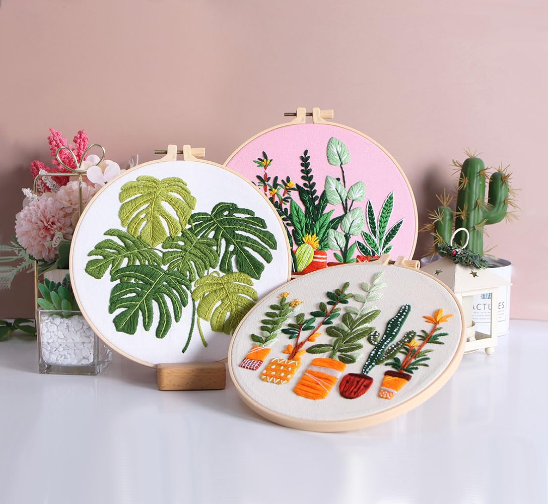 Embroidery Kits for Adults Beginner, European Style Garden Plant Green Leaf Stamped Embroidery Starter Kit,DIY Sewing Practice, Needlepoint Cross Stitch Kit,Set of 3