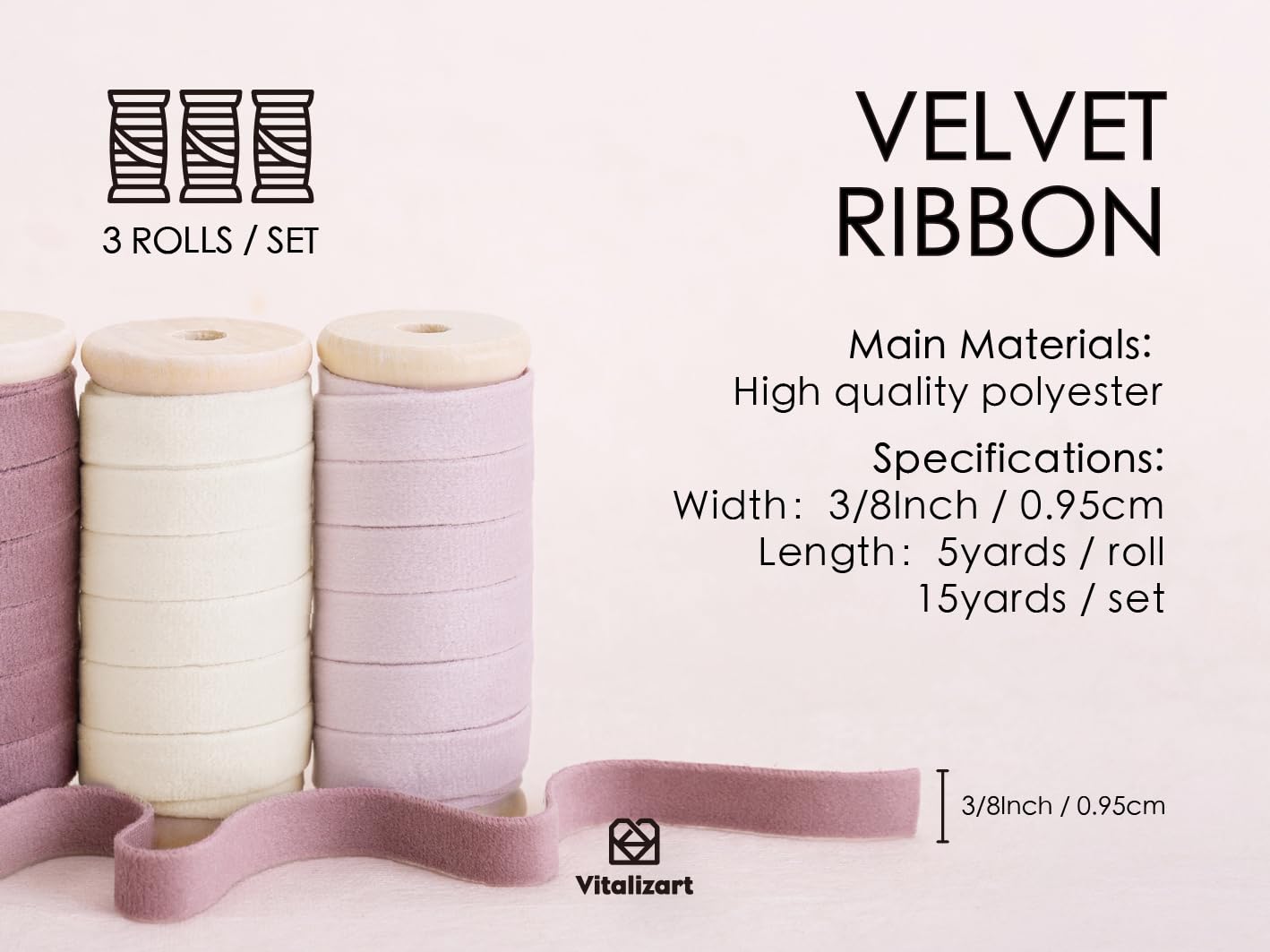 Vitalizart Velvet Ribbon Pink White Set 3/8" x 15Yd Wooden Spool Fabric Trim Eco-Friendly 3 Rolls * 5Yd for Christmas Wreath Decoration Handmade Craft Ornaments Gift Wrapping & Bow Making