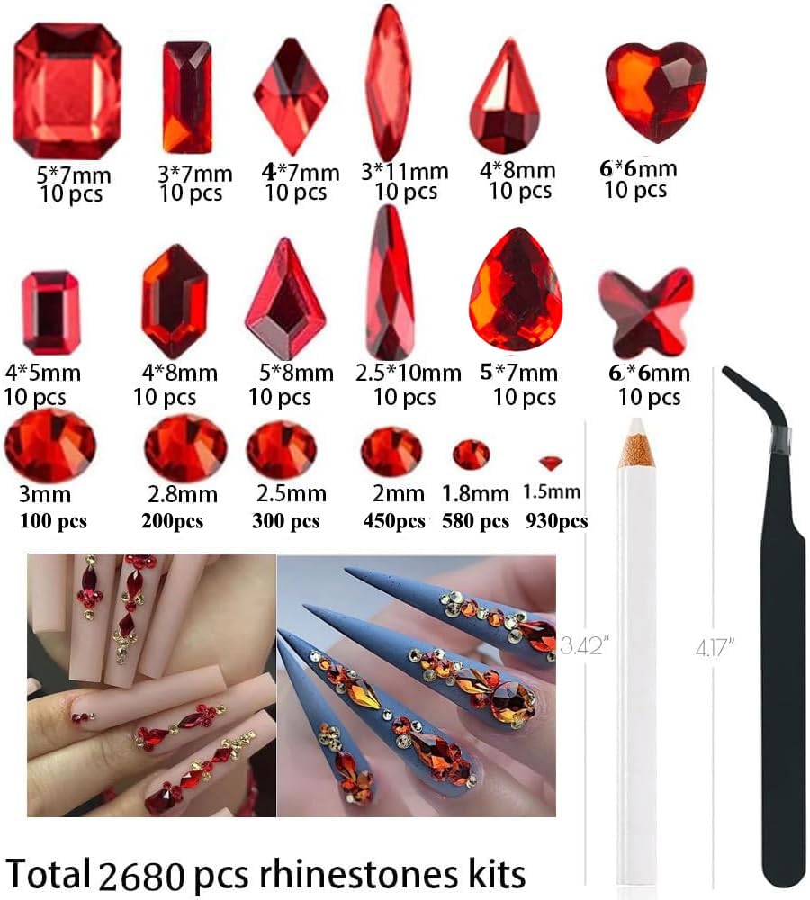 2680 Pcs 3D Red Nail Rhinestones, 120Pcs Big Red Glass Crystal Nail Gems Stones Charms Stones with Bling Diamond Flatback Round Beads, Clear Charm Jewelry for DIY Face Craft Decoration